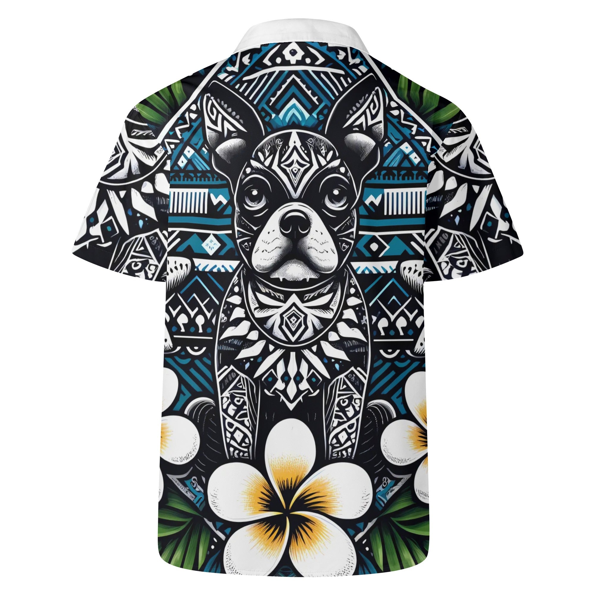 Mens All Over Boston Terrier Print Casual Hawaiian Shirt - Dark Blue, White and Green