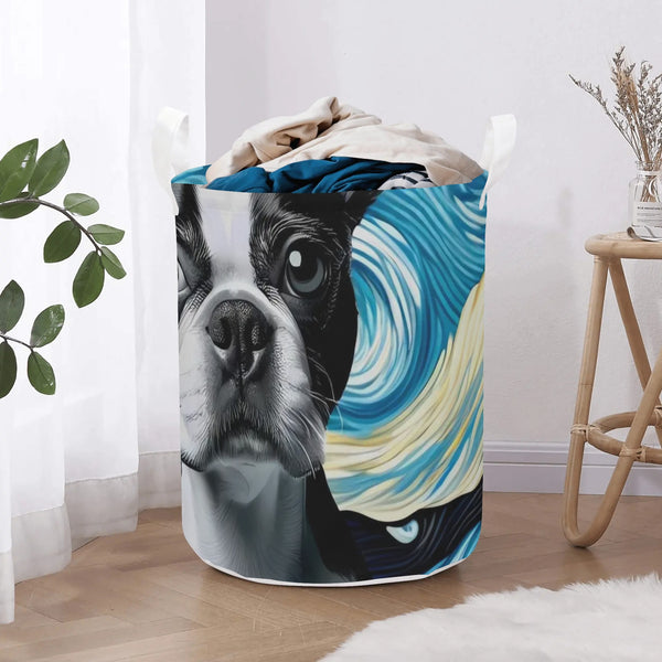 Starry Night - Boston Terrier Round Laundry Basket