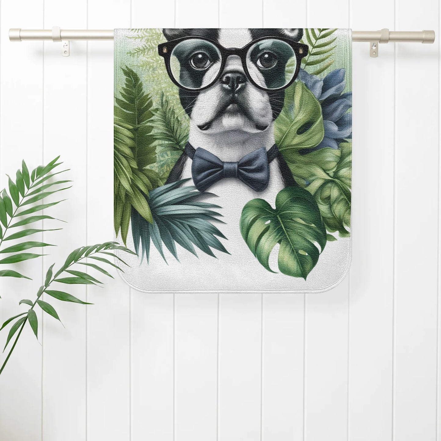 Tropical Elegance - Scholarly Boston Terrier Watercolor Bath Towel