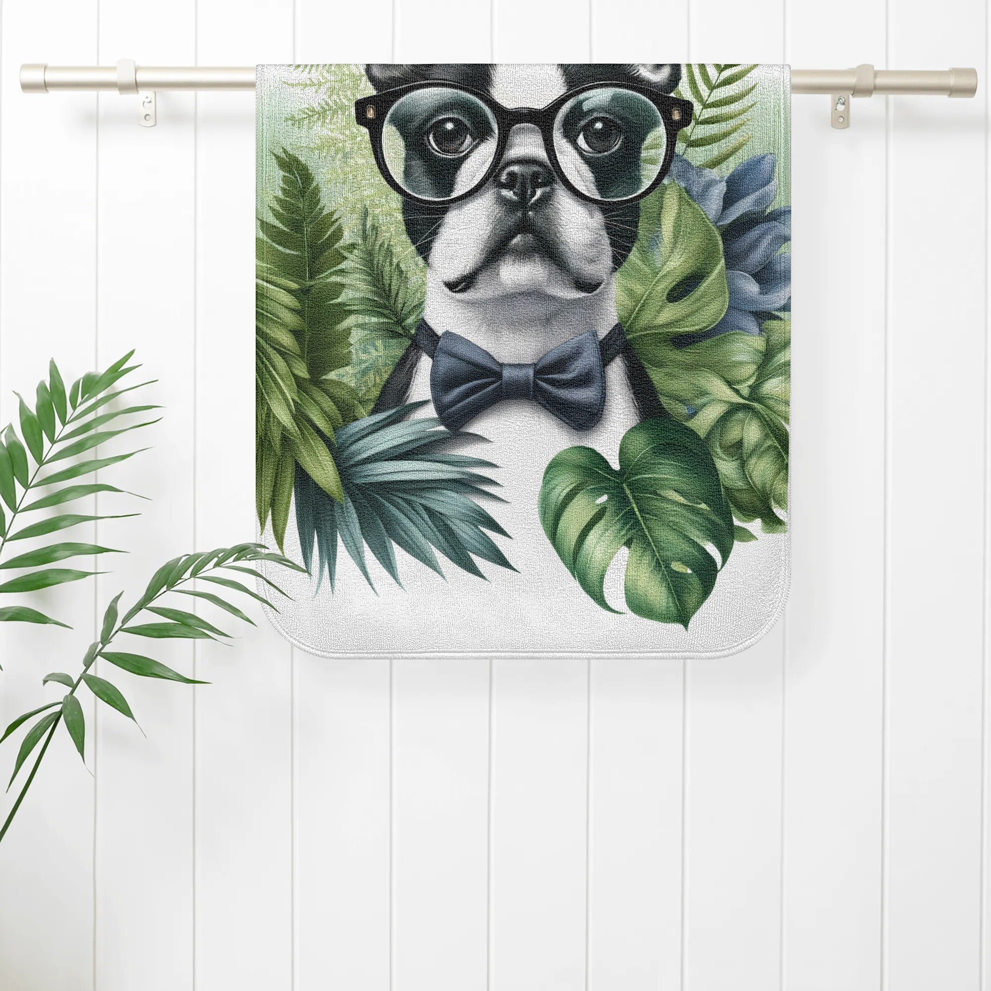 Tropical Elegance - Scholarly Boston Terrier Watercolor Bath Towel
