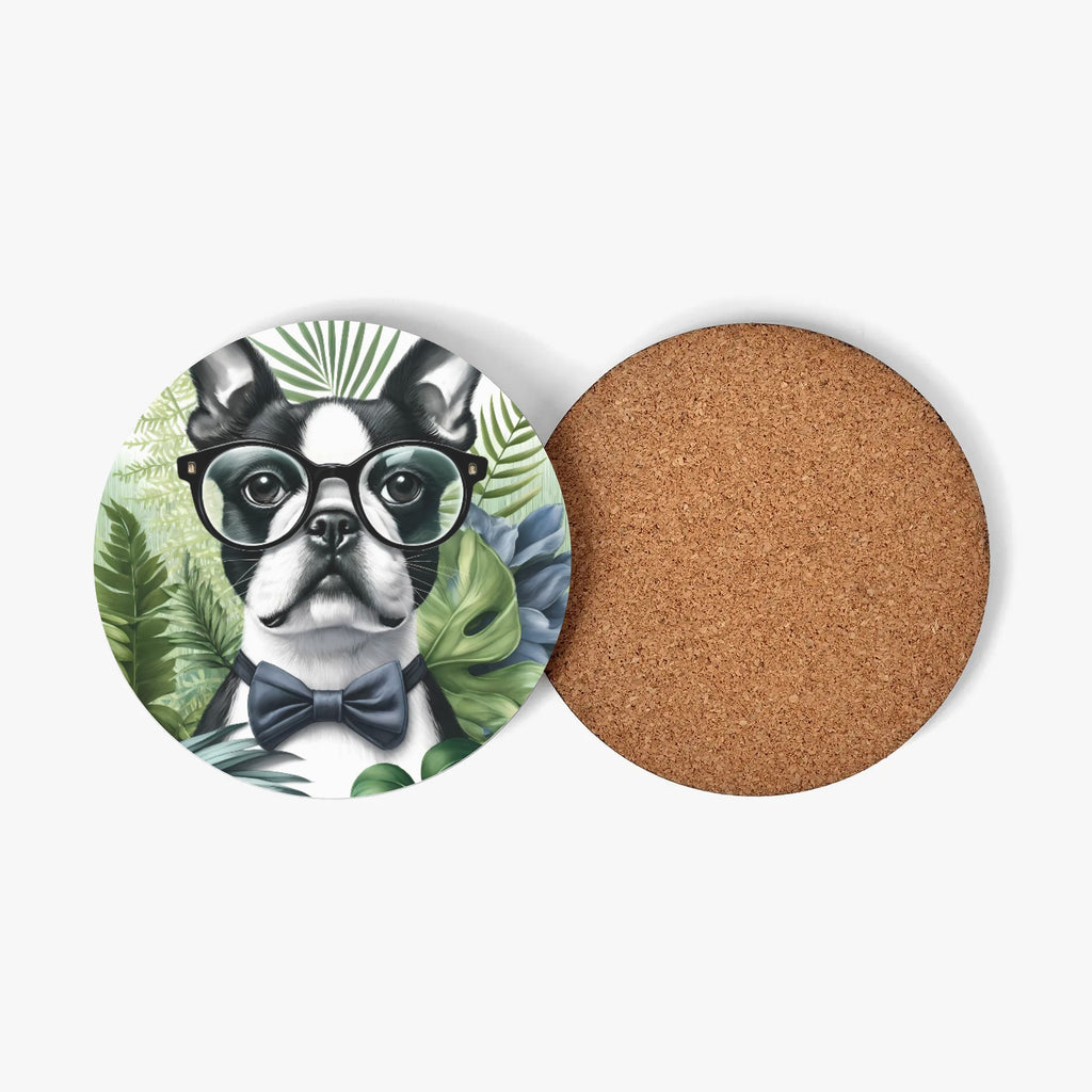 Tropical Elegance - Scholarly Boston Terrier Watercolor Wood Coaster Set (4 pcs)