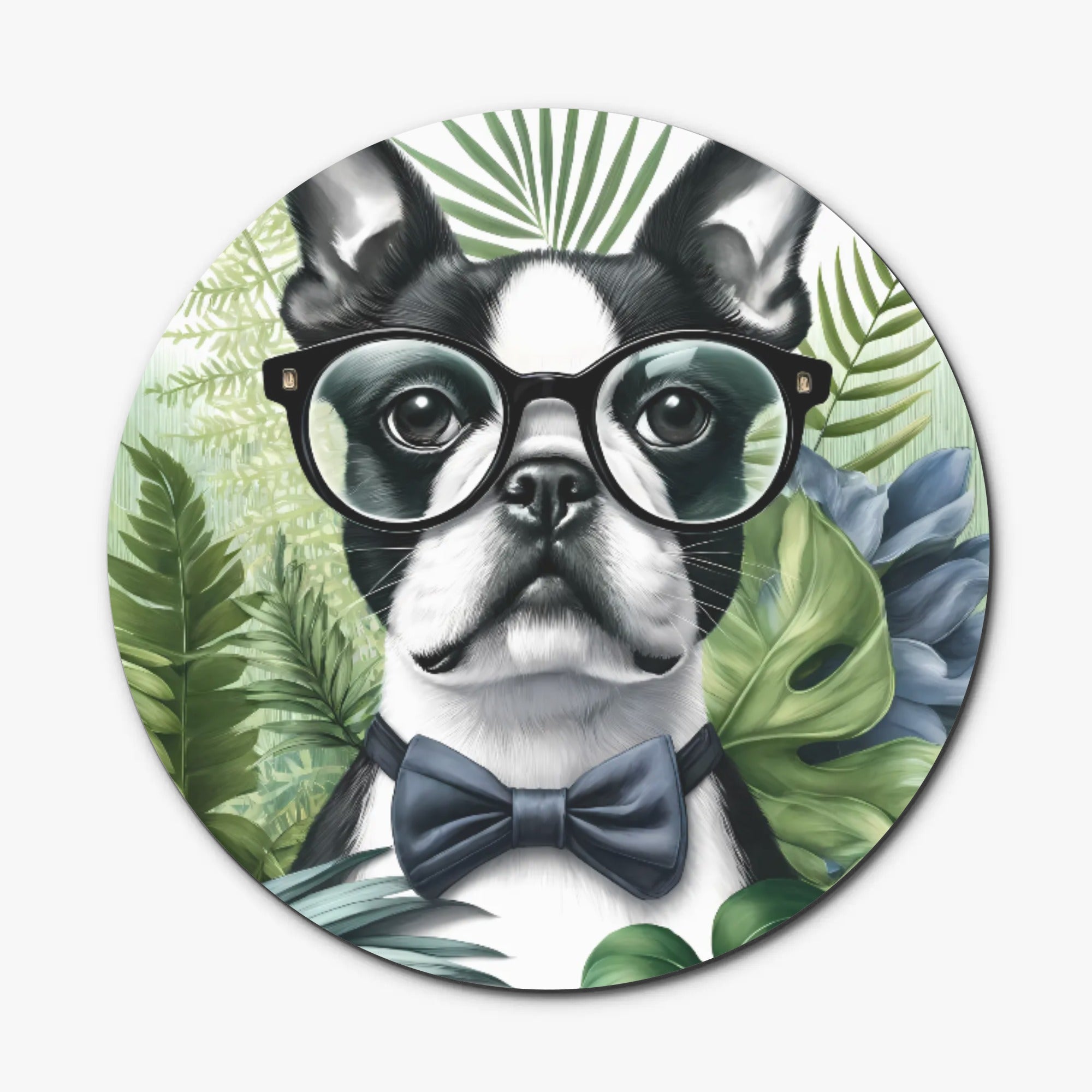 Tropical Elegance - Scholarly Boston Terrier Watercolor Wood Coaster Set (4 pcs)