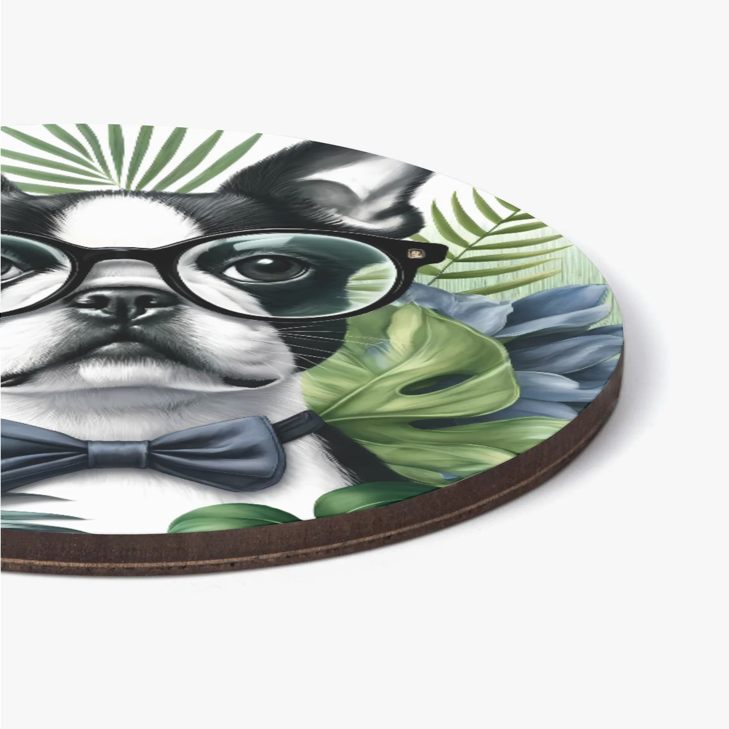Tropical Elegance - Scholarly Boston Terrier Watercolor Wood Coaster Set (4 pcs)