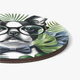 Tropical Elegance - Scholarly Boston Terrier Watercolor Wood Coaster Set (4 pcs)