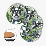 Tropical Elegance - Scholarly Boston Terrier Watercolor Wood Coaster Set (4 pcs)