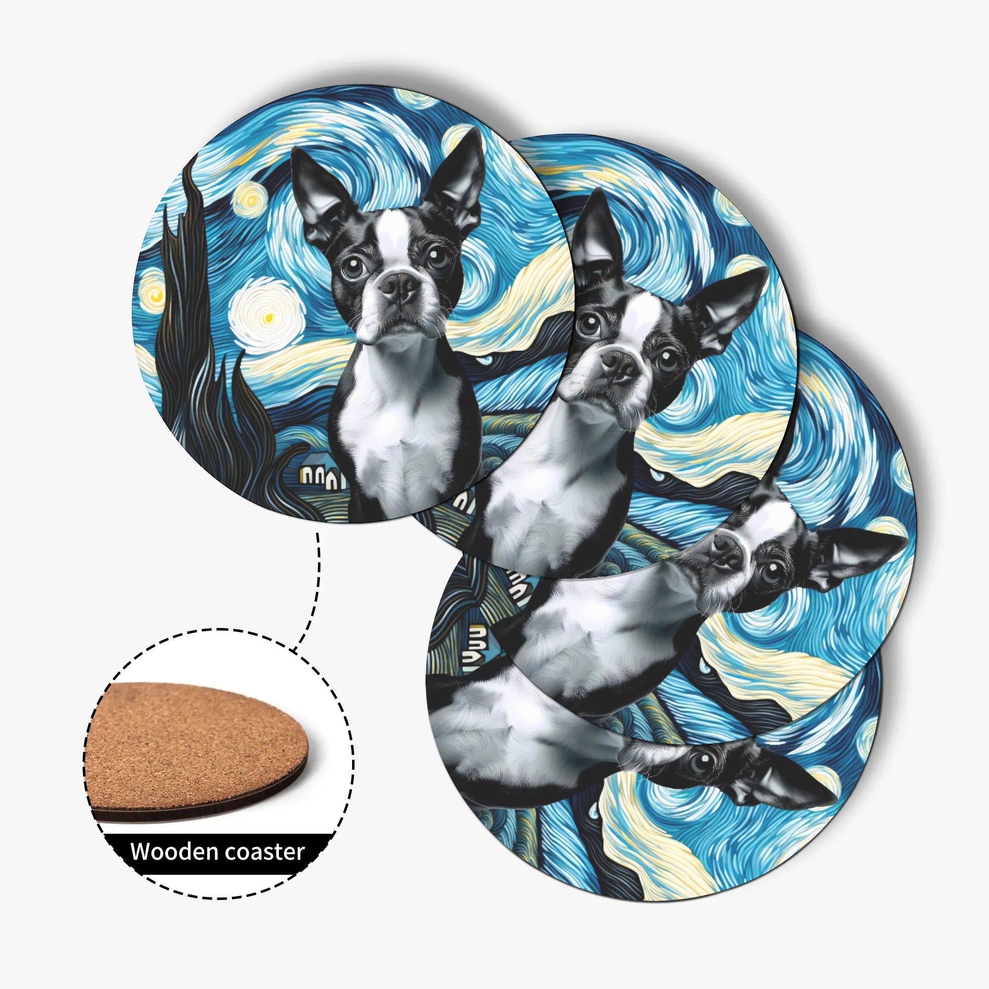 Starry Night - Boston Terrier Wood Coaster Set (4pcs)