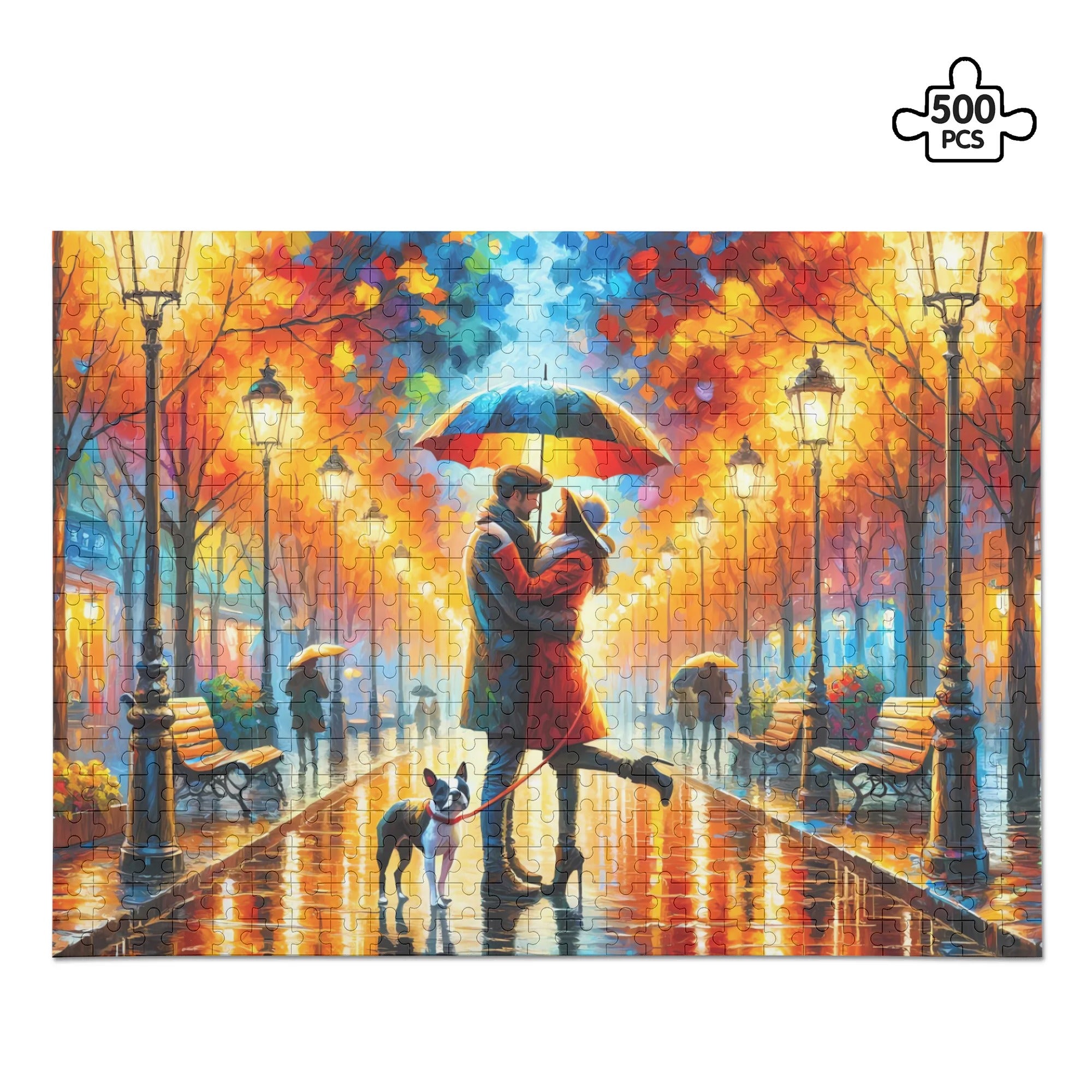 Rainy Embrace Boston Terrier Jigsaw Puzzle (500 Pcs)