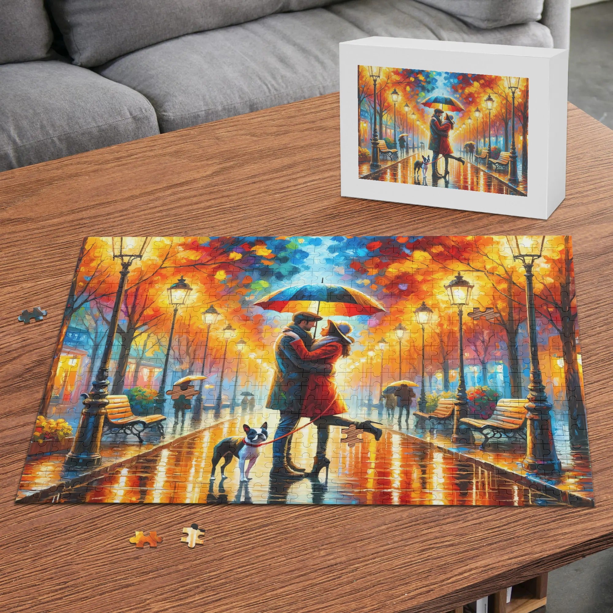 Rainy Embrace Boston Terrier Jigsaw Puzzle (500 Pcs)