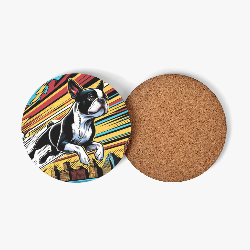 Comic Book-Style Boston Terrier Dog Wood Coaster Set (4 pcs)