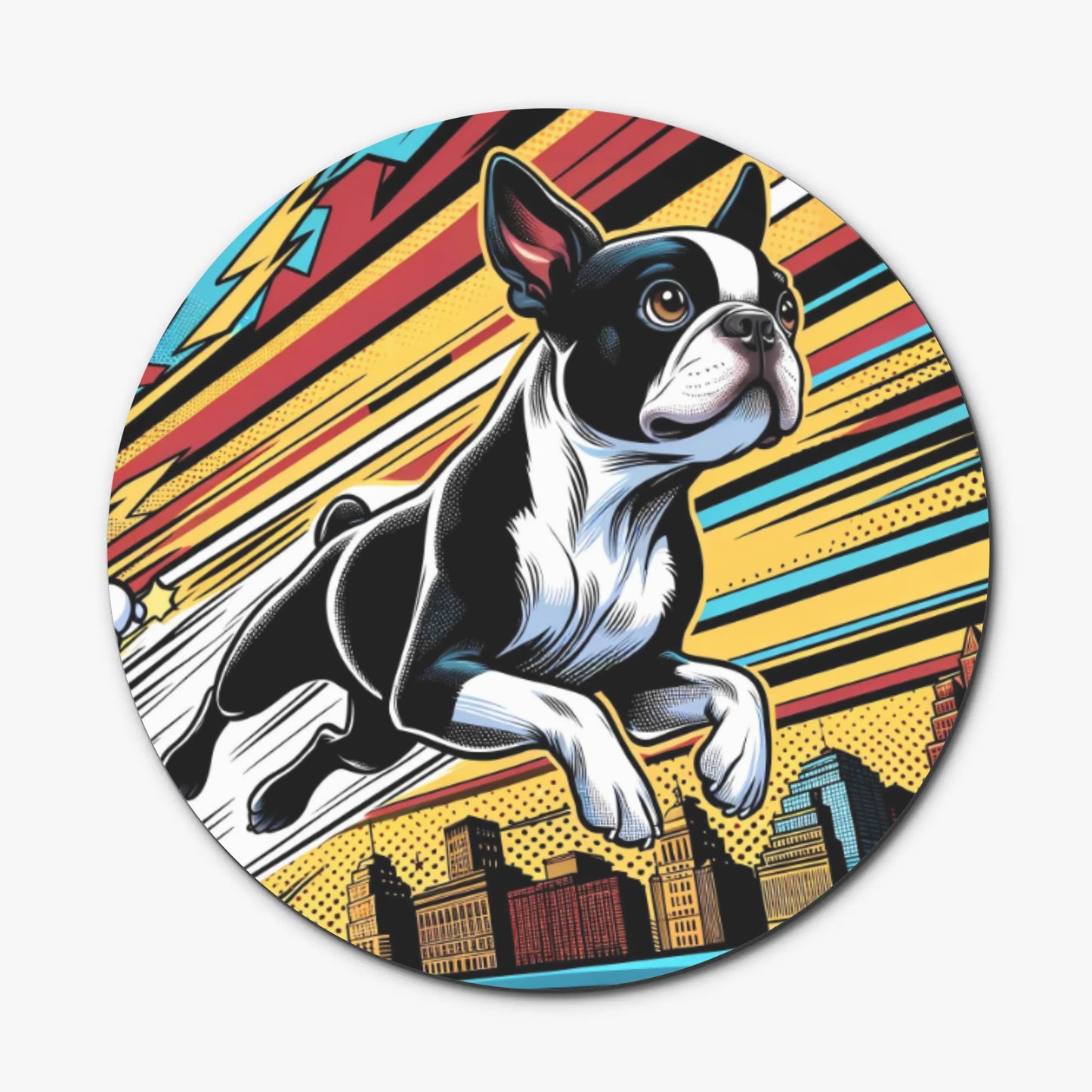 Comic Book-Style Boston Terrier Dog Wood Coaster Set (4 pcs)