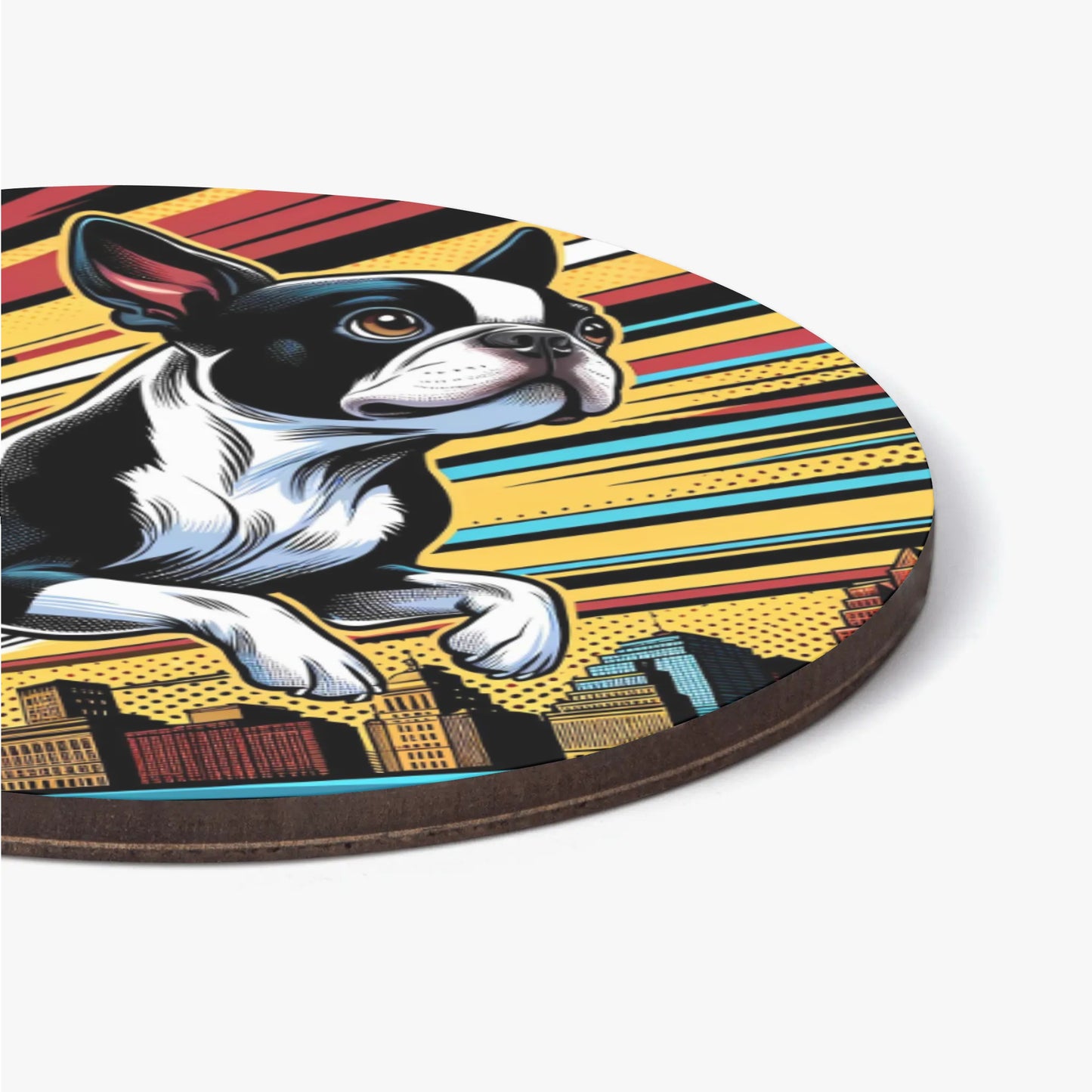 Comic Book-Style Boston Terrier Dog Wood Coaster Set (4 pcs)