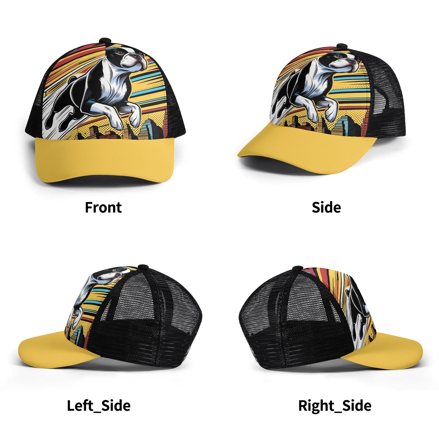Comic Book-Style Boston Terrier Dog Kids Mesh Trucker Hats