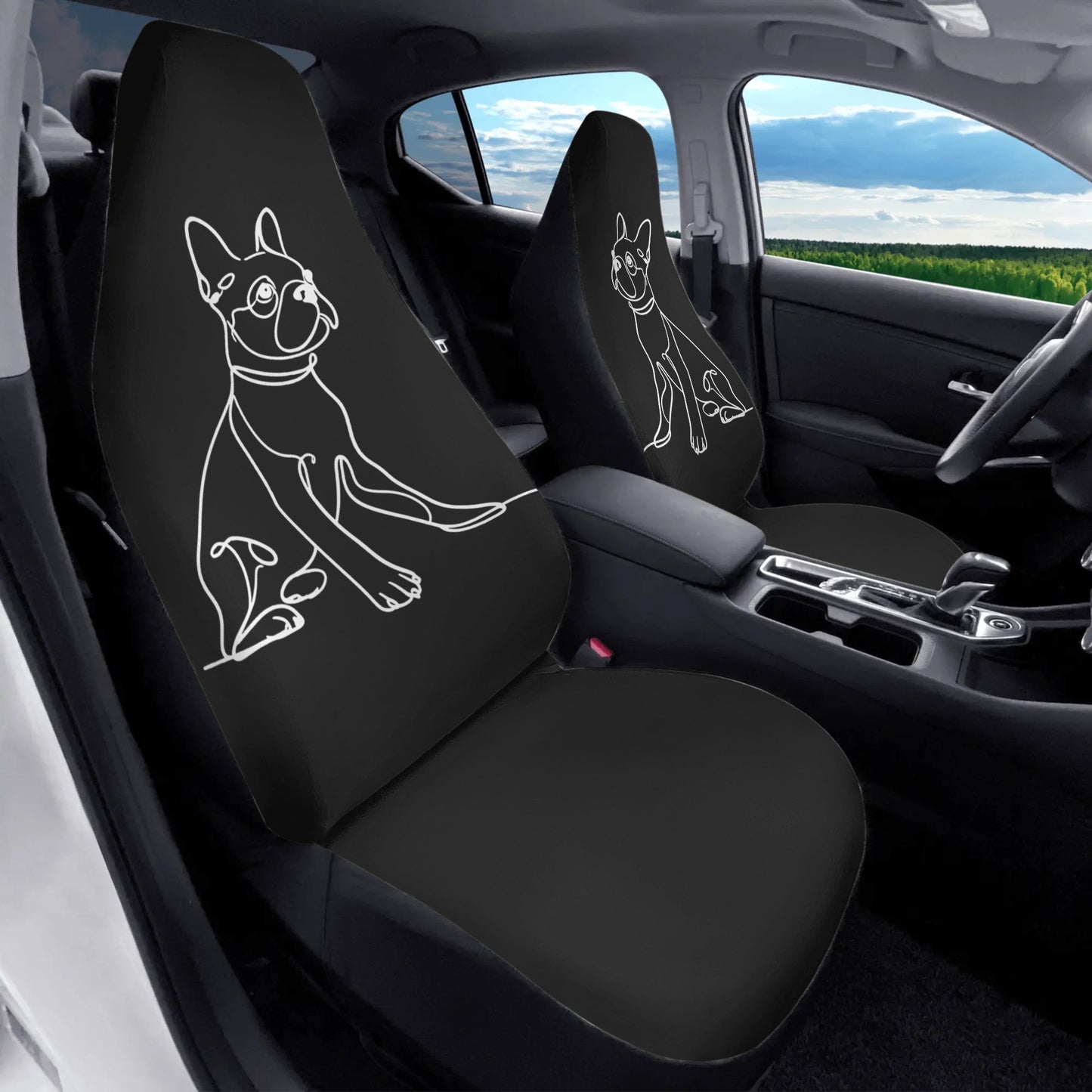 Line Drawn Boston Terrier Dog Black Front Car Seat Covers (Set of 2)