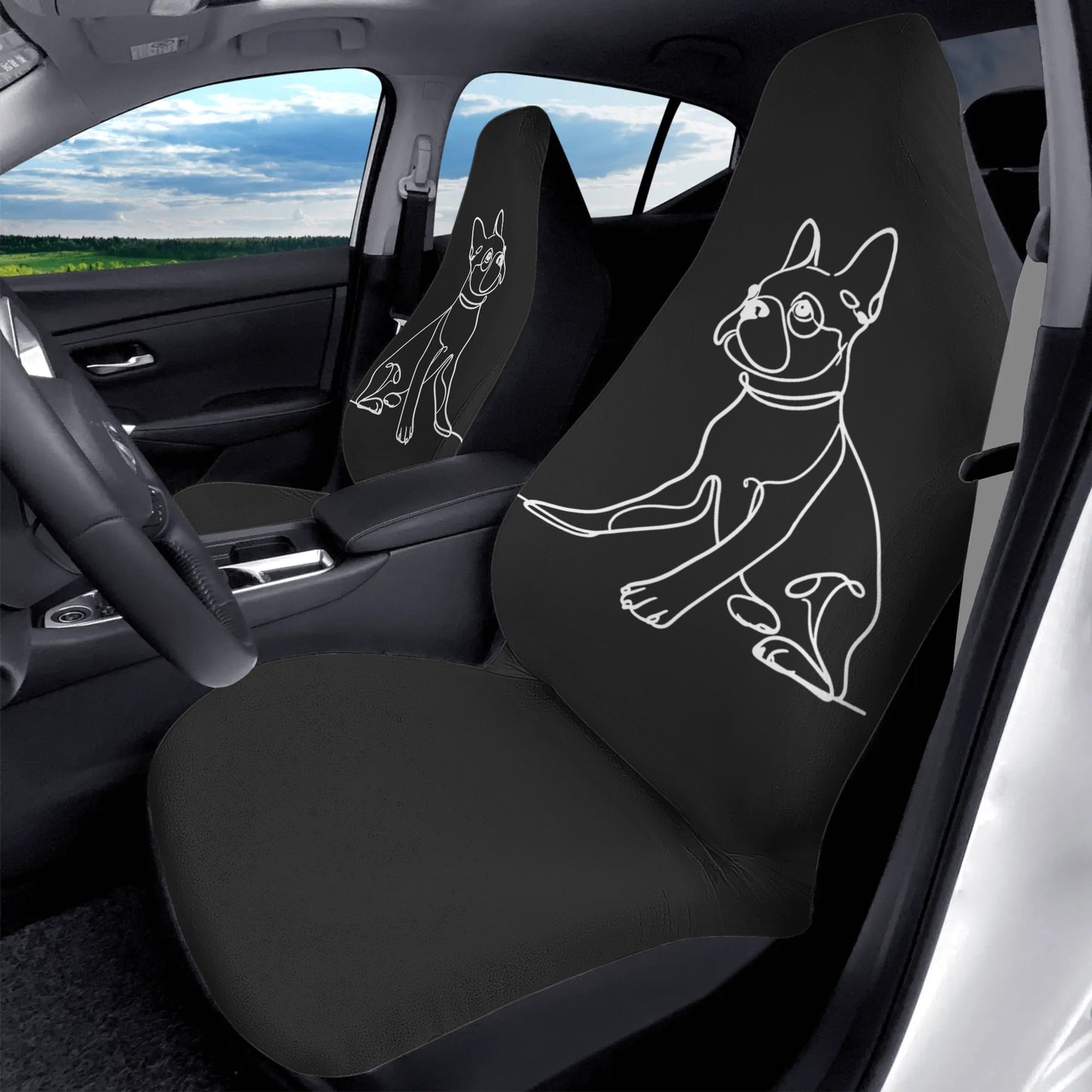 Line Drawn Boston Terrier Dog Black Front Car Seat Covers (Set of 2)
