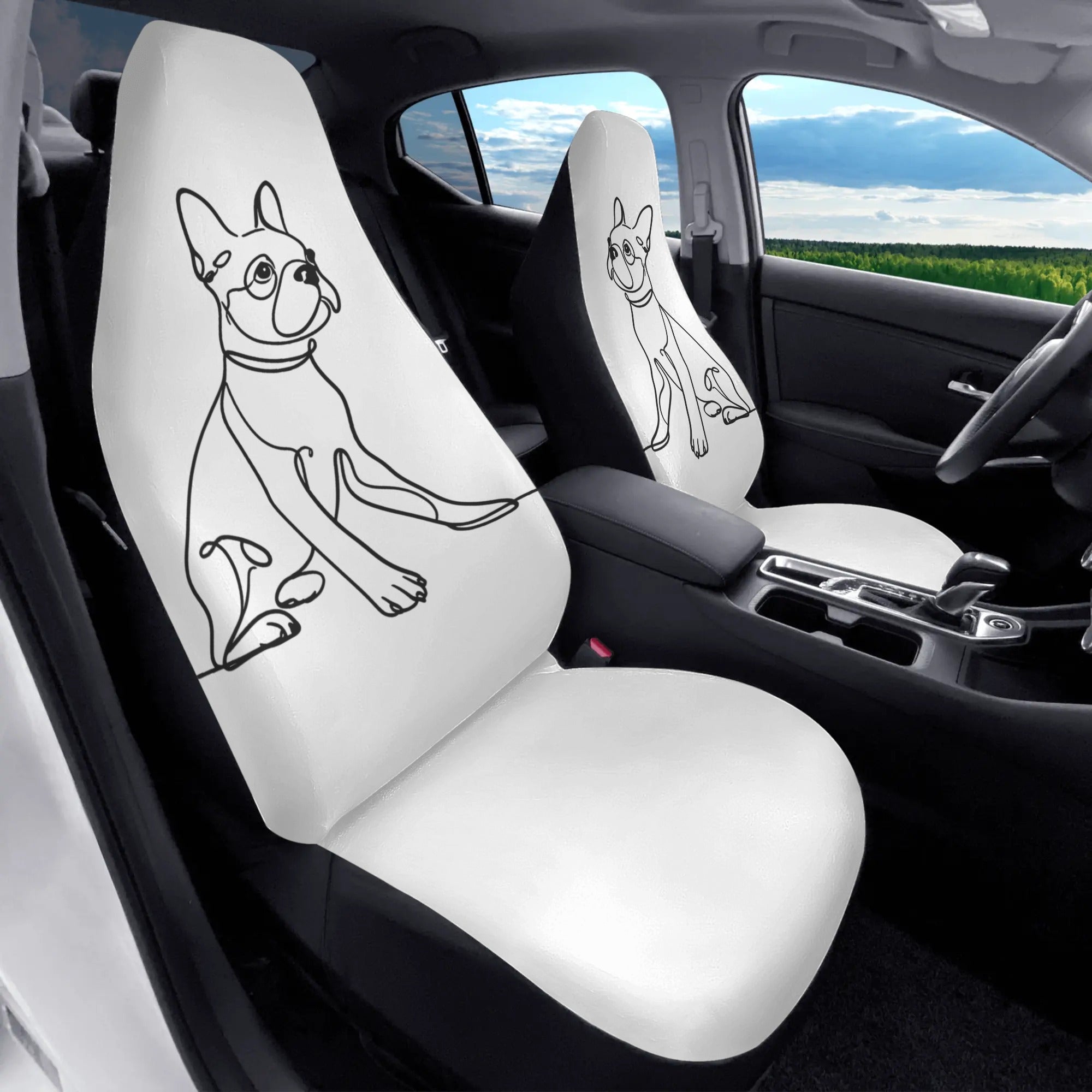 Line Drawn Boston Terrier Dog White Front Car Seat Covers (Set of 2)