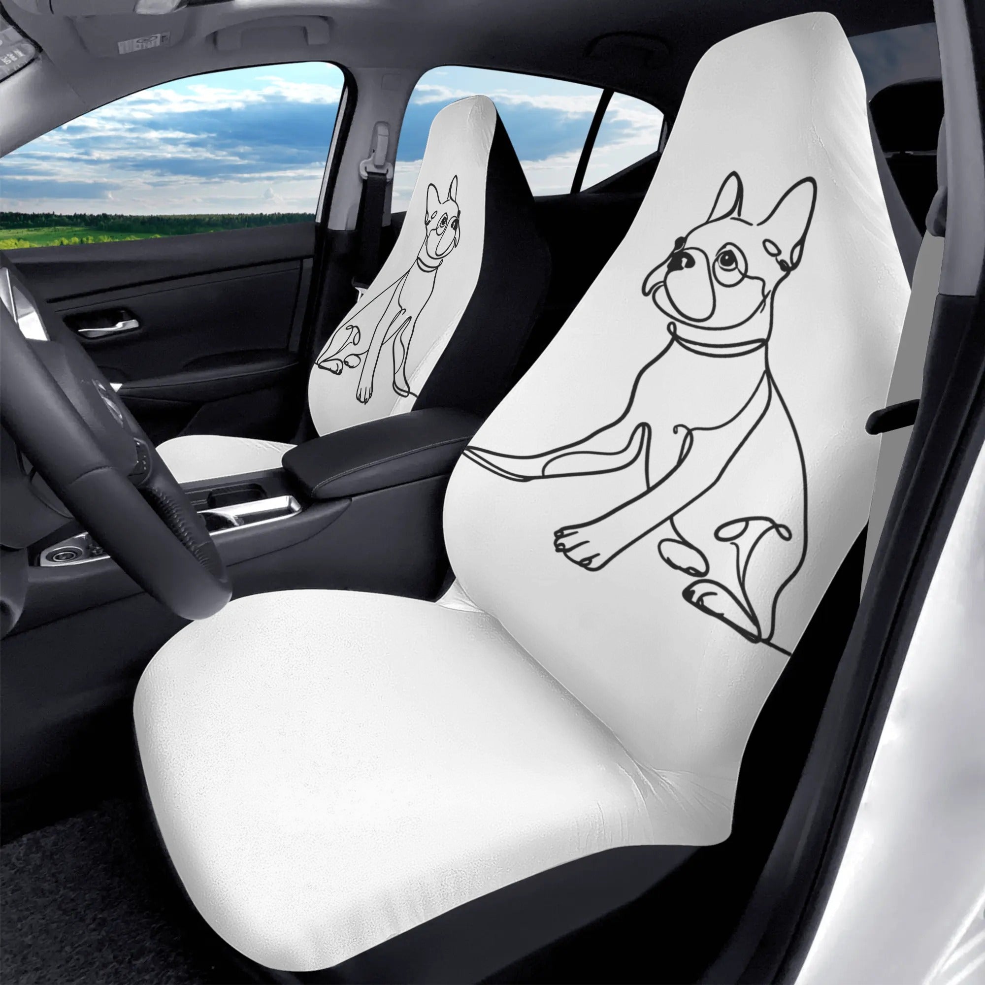 Line Drawn Boston Terrier Dog White Front Car Seat Covers (Set of 2)