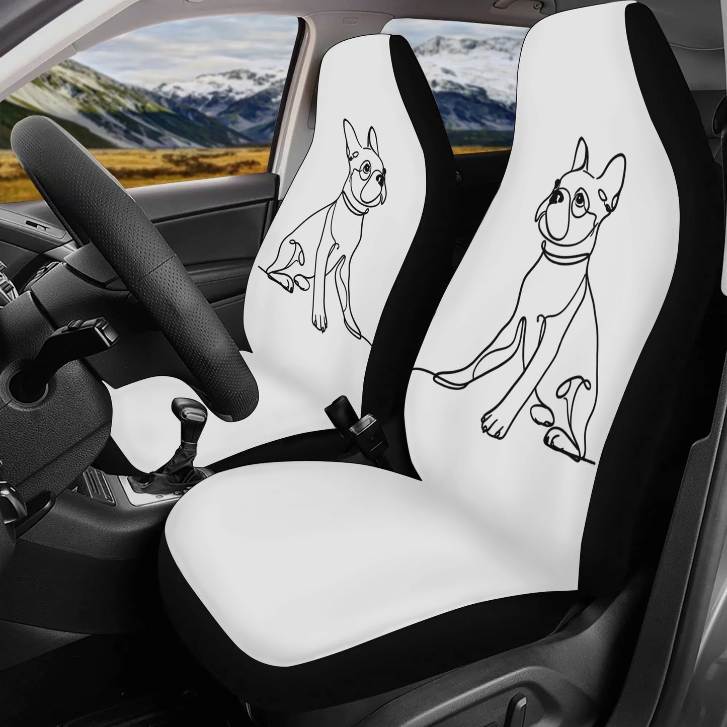 Line Drawn Boston Terrier Dog White Car Seat Cover Set (Set of 4)