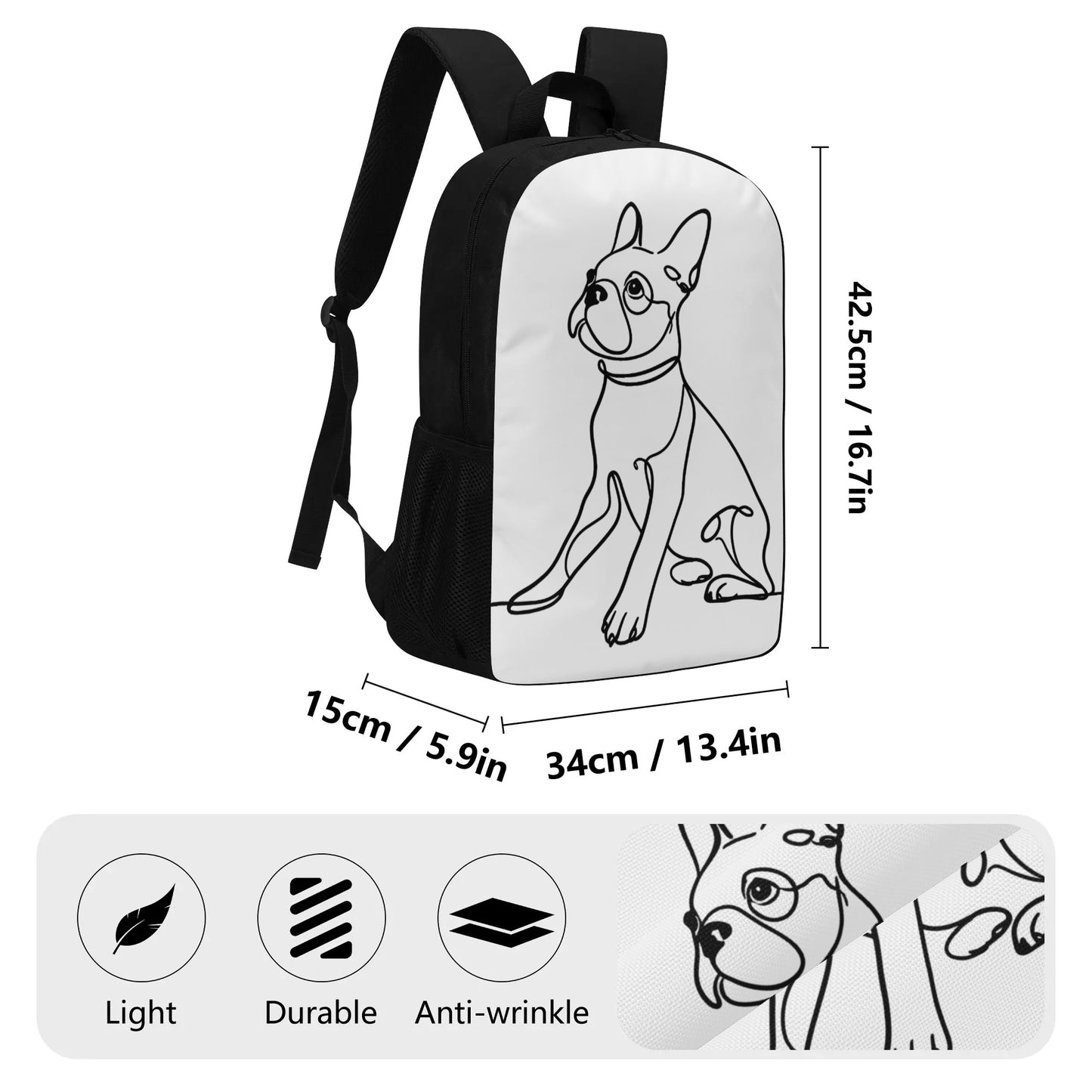 Line Drawn Boston Terrier Dog 17 Inch Laptop Backpack