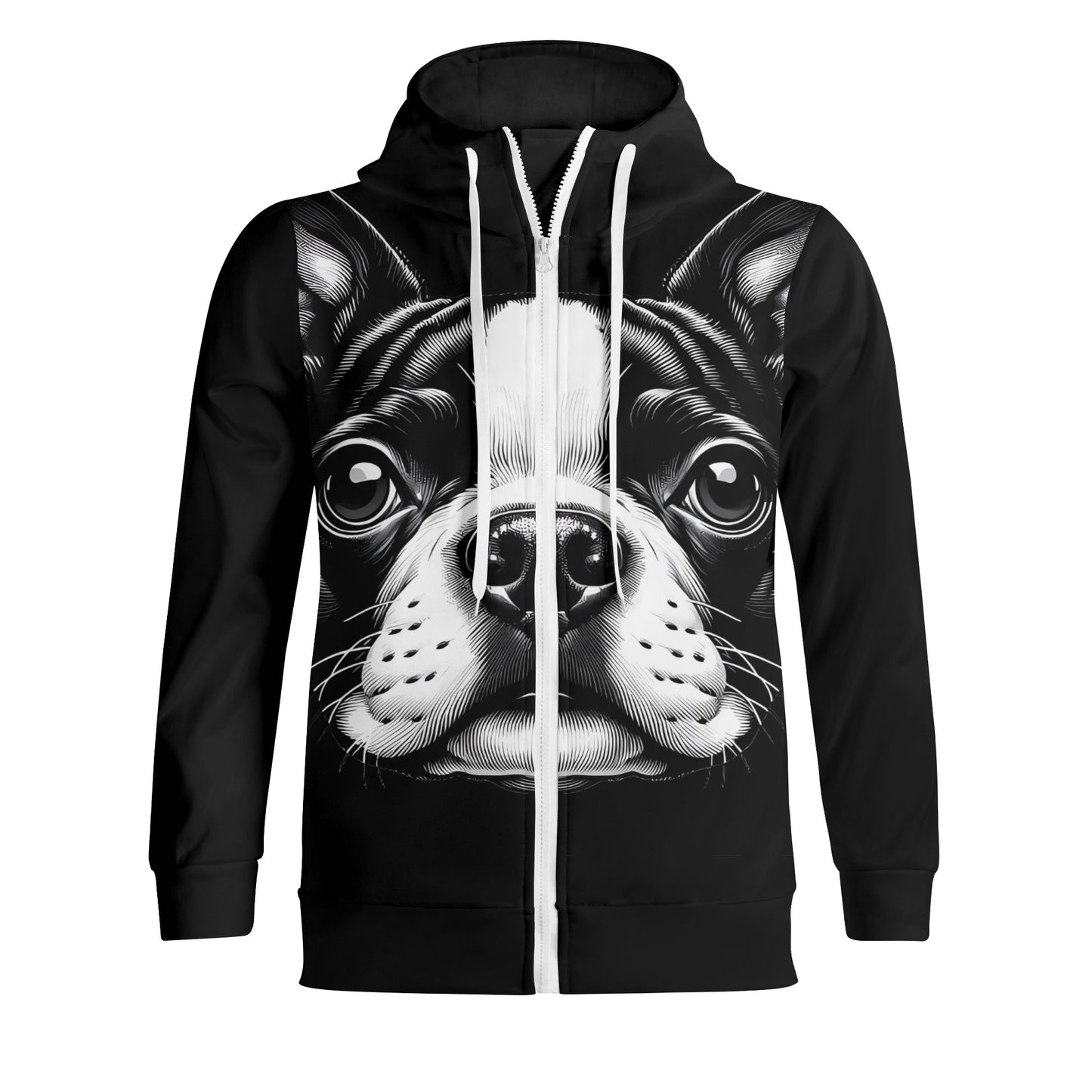 Full Boston Terrier Face Adult Zip Turtleneck Hoodie Streetwear