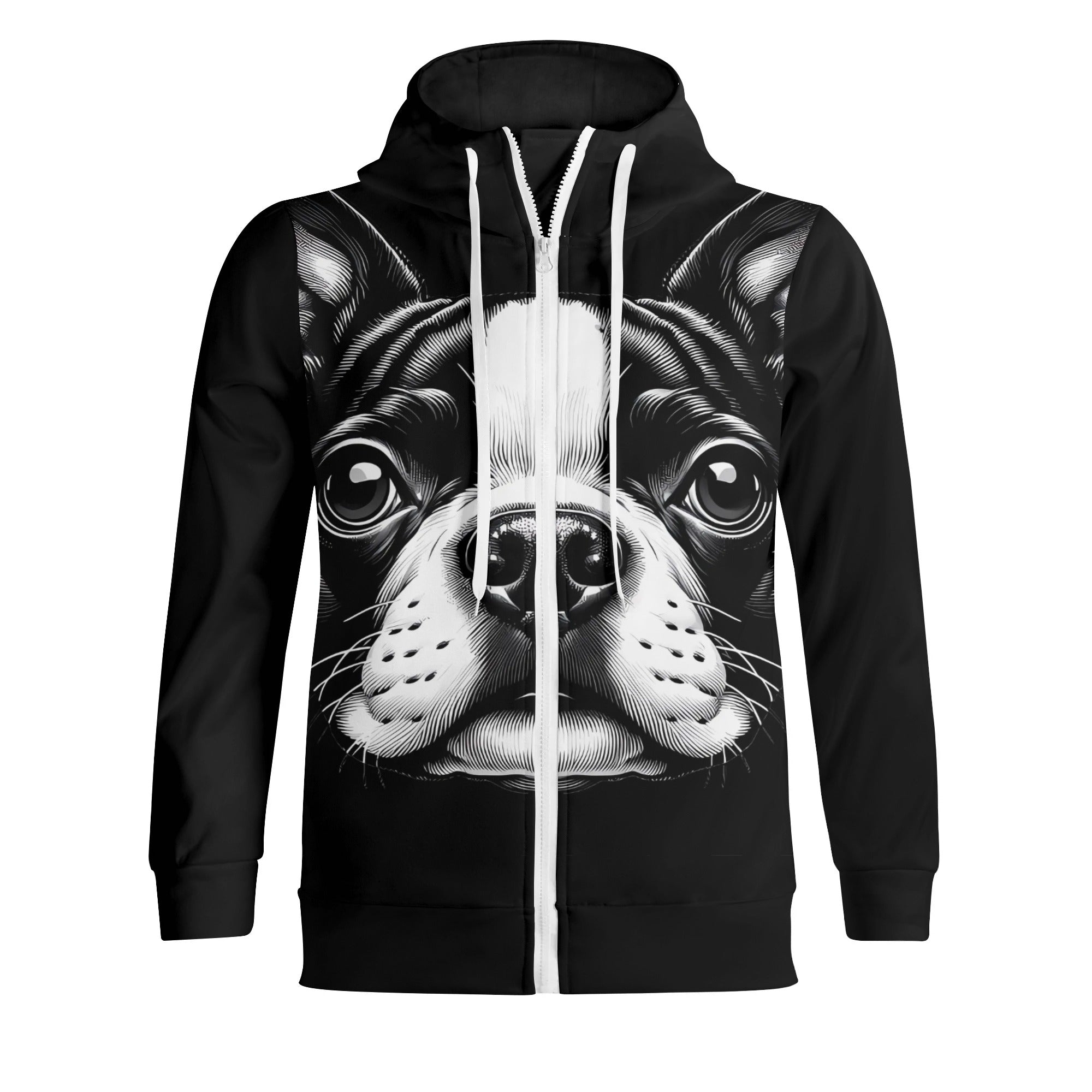 Full Boston Terrier Face Adult Zip Turtleneck Hoodie Streetwear