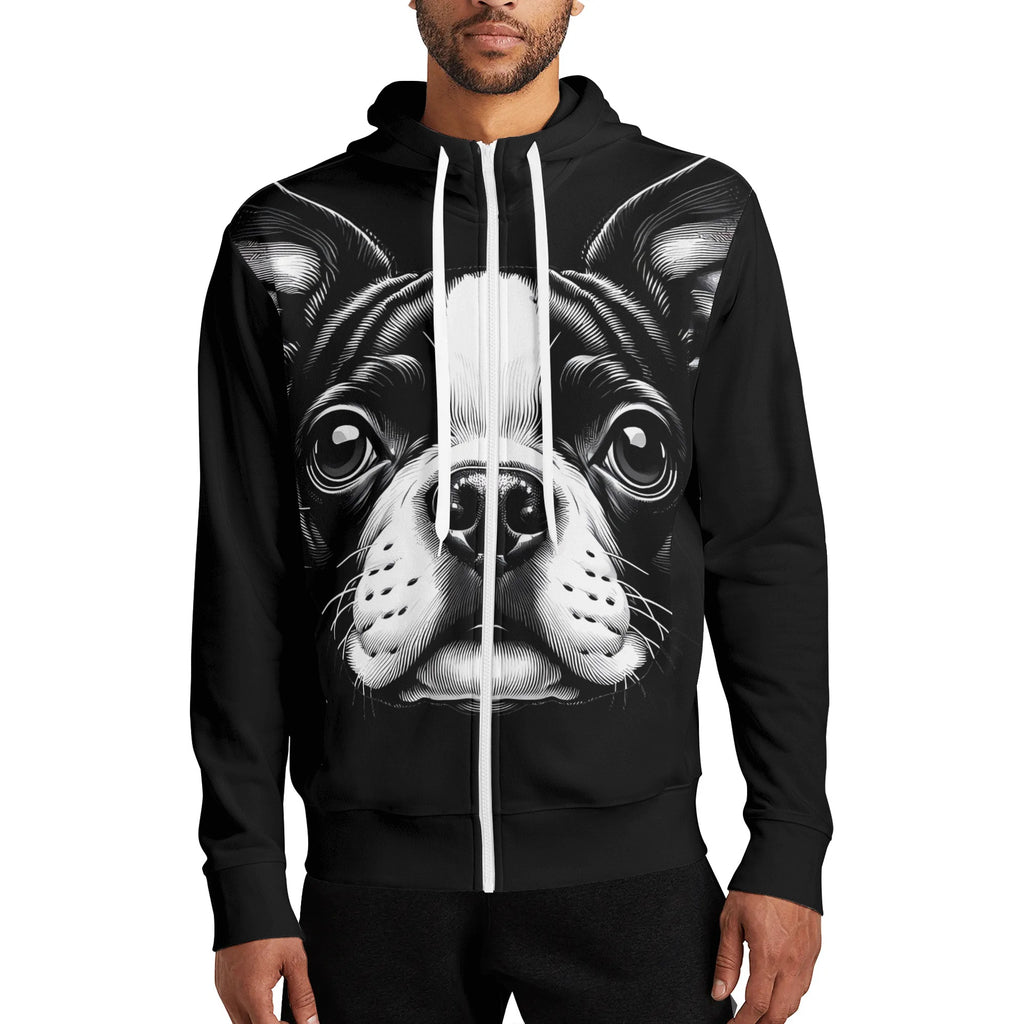 Full Boston Terrier Face Adult Zip Turtleneck Hoodie Streetwear