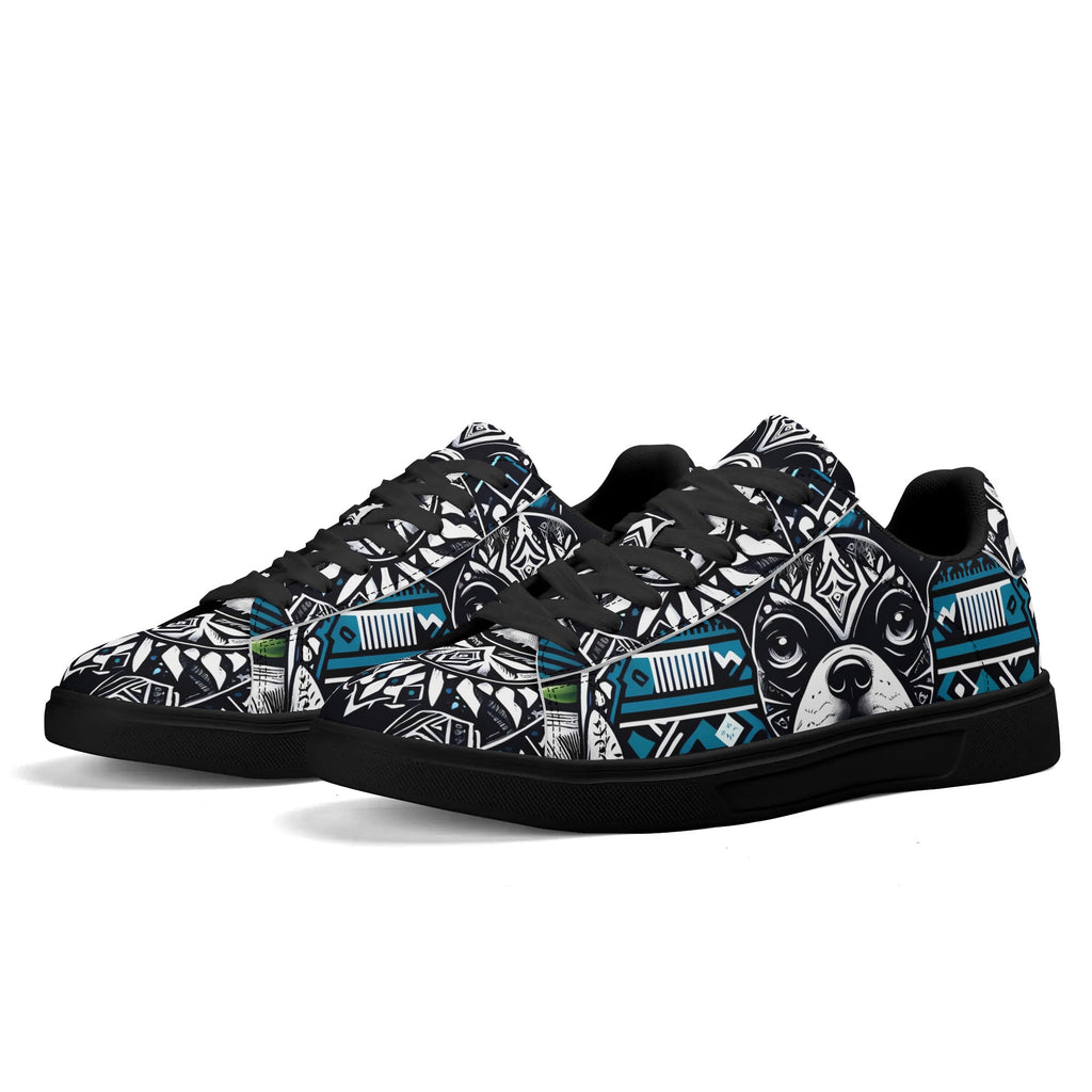 Hawaiian Boston Terrier Dog Adult Low Top Leather Skateboard Shoes