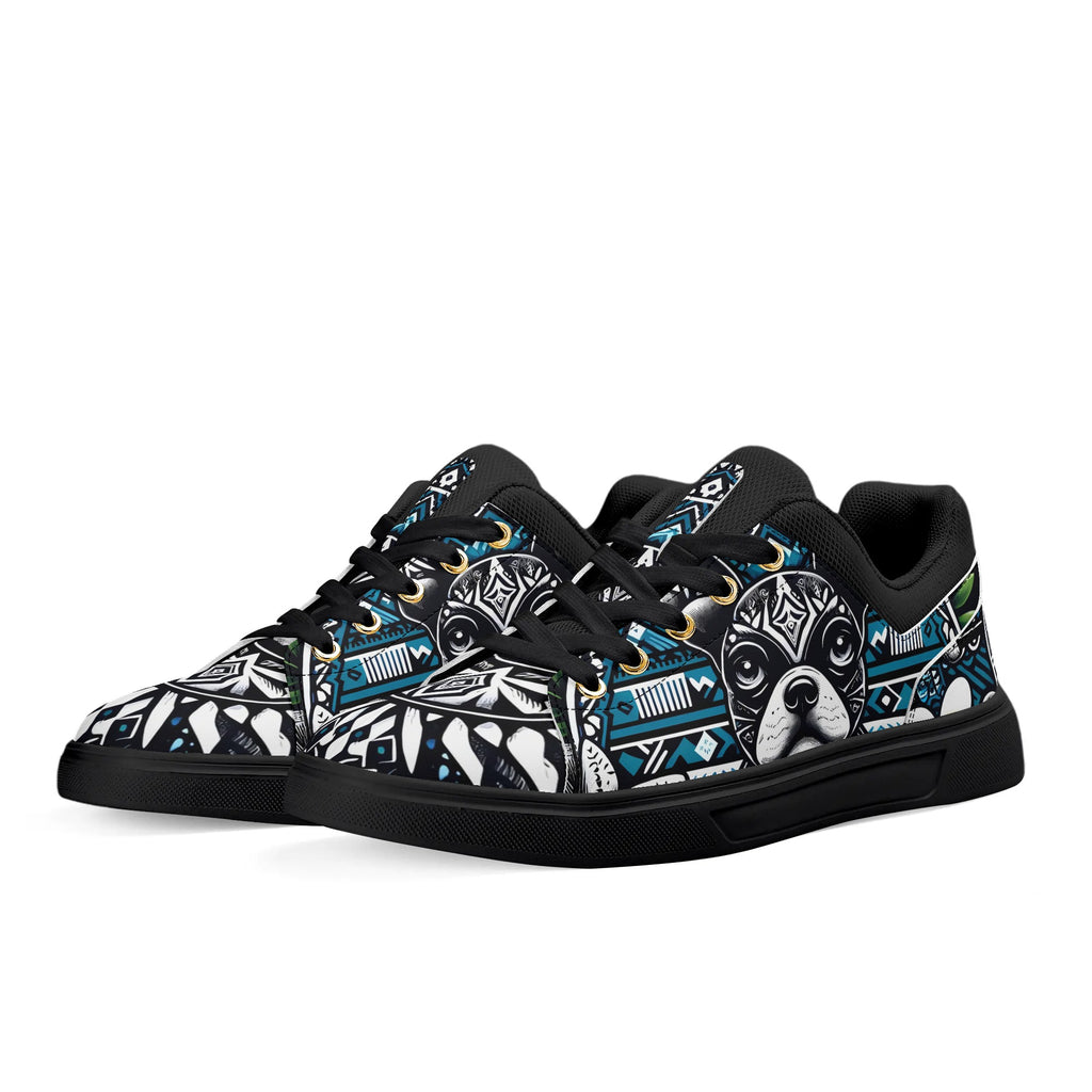 Hawaiian Boston Terrier Dog Unisex Low Top PU Mesh Skateboard Shoes