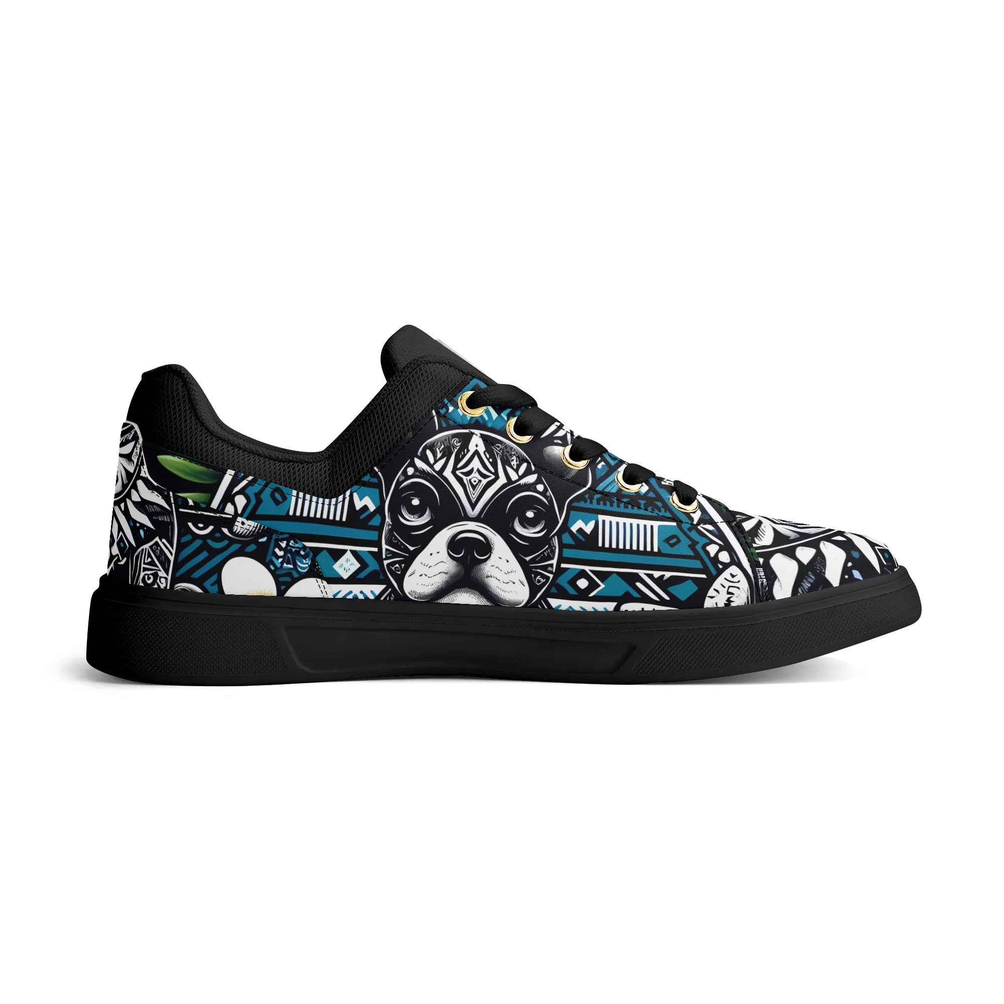 Hawaiian Boston Terrier Dog Unisex Low Top PU Mesh Skateboard Shoes