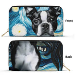 Starry Night Boston Terrier Dog PU Leather Wallet for Women