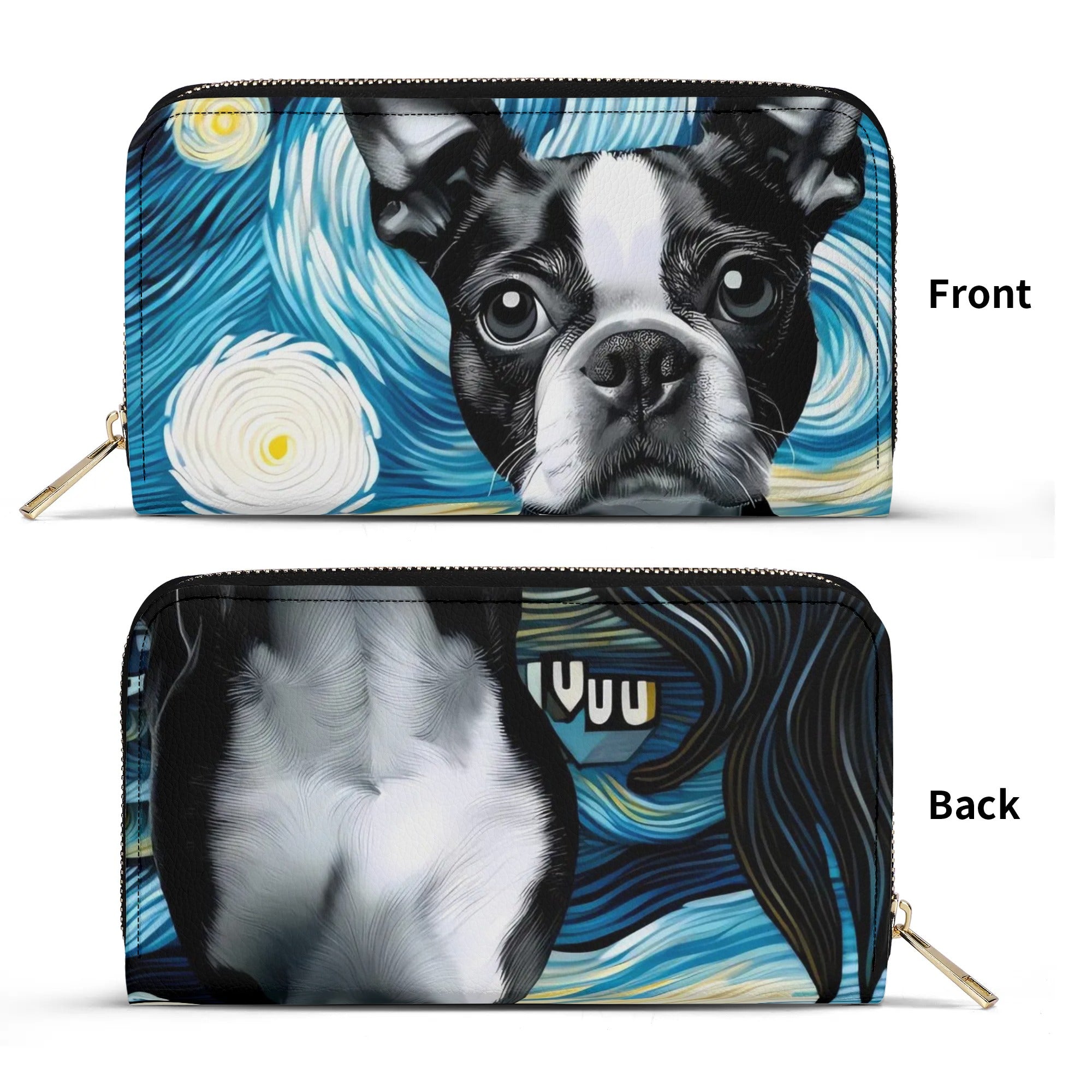 Starry Night Boston Terrier Dog PU Leather Wallet for Women