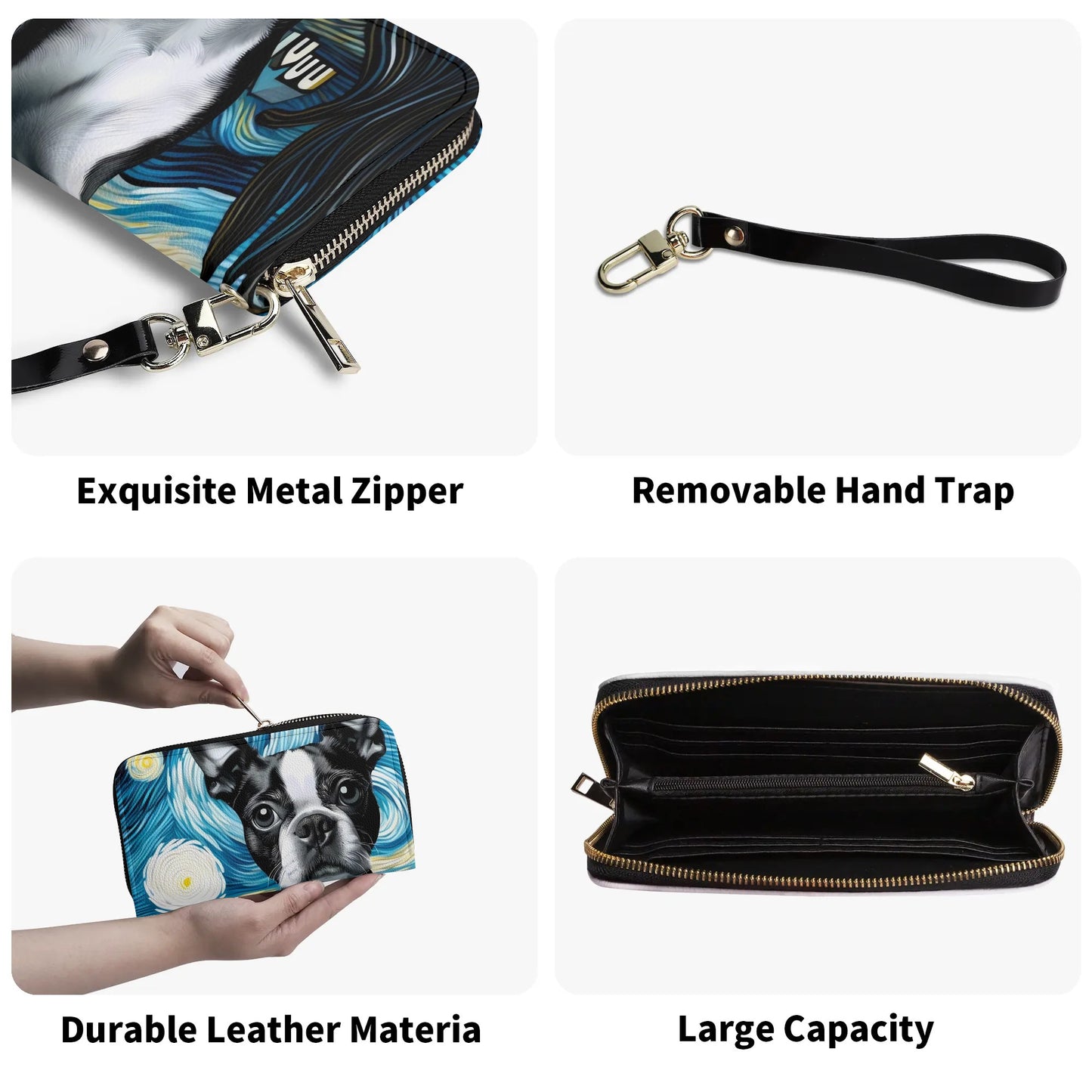 Starry Night Boston Terrier Dog PU Leather Wallet for Women