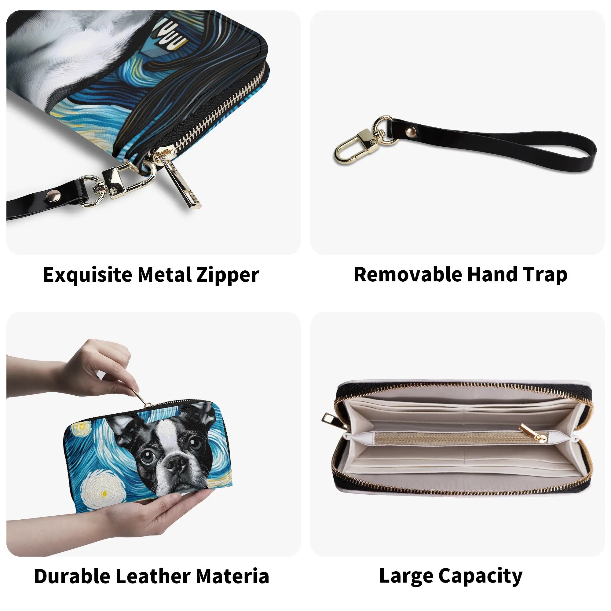 Starry Night Boston Terrier Dog PU Leather Wallet for Women