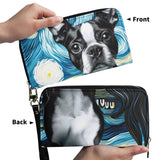Starry Night Boston Terrier Dog PU Leather Wallet for Women