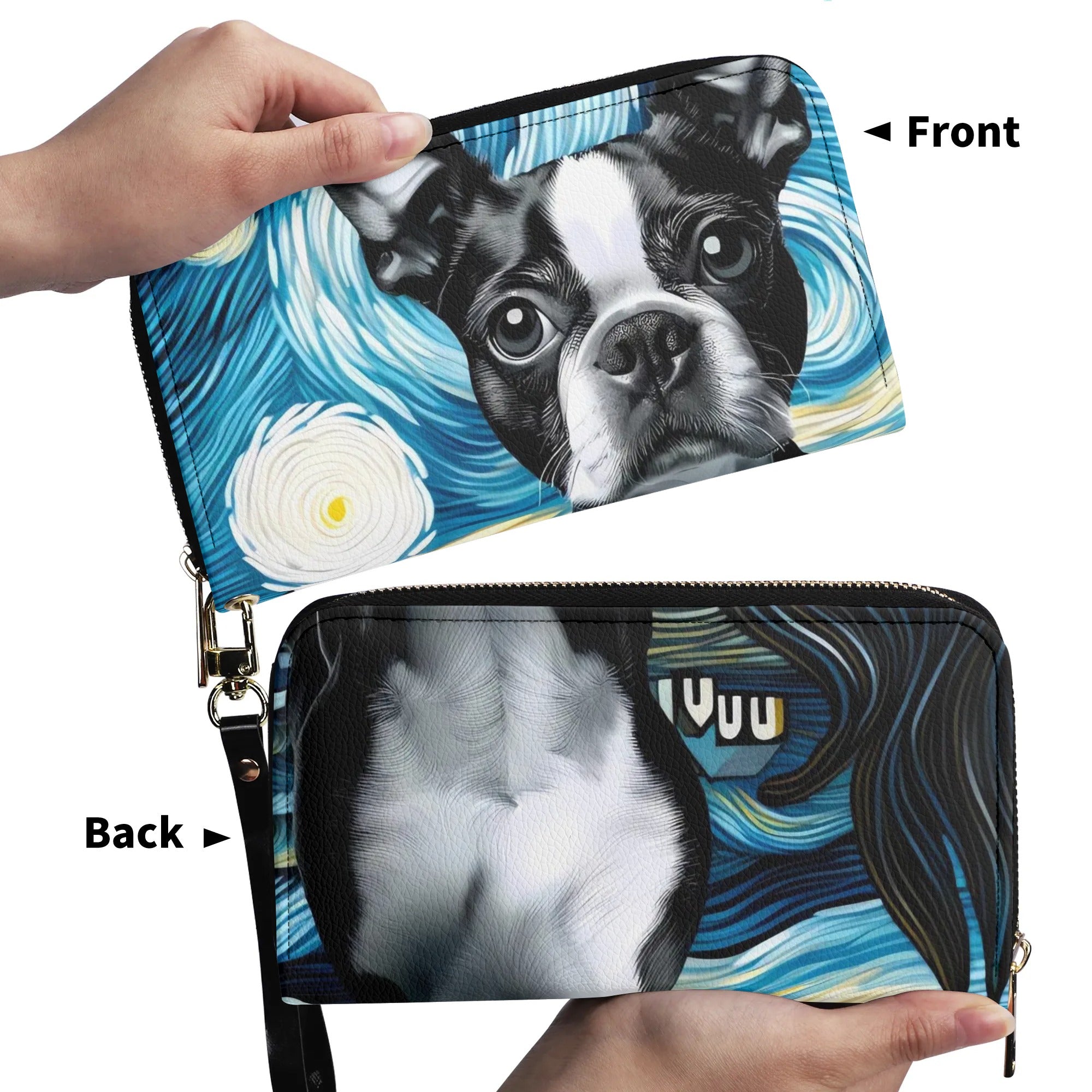 Starry Night Boston Terrier Dog PU Leather Wallet for Women