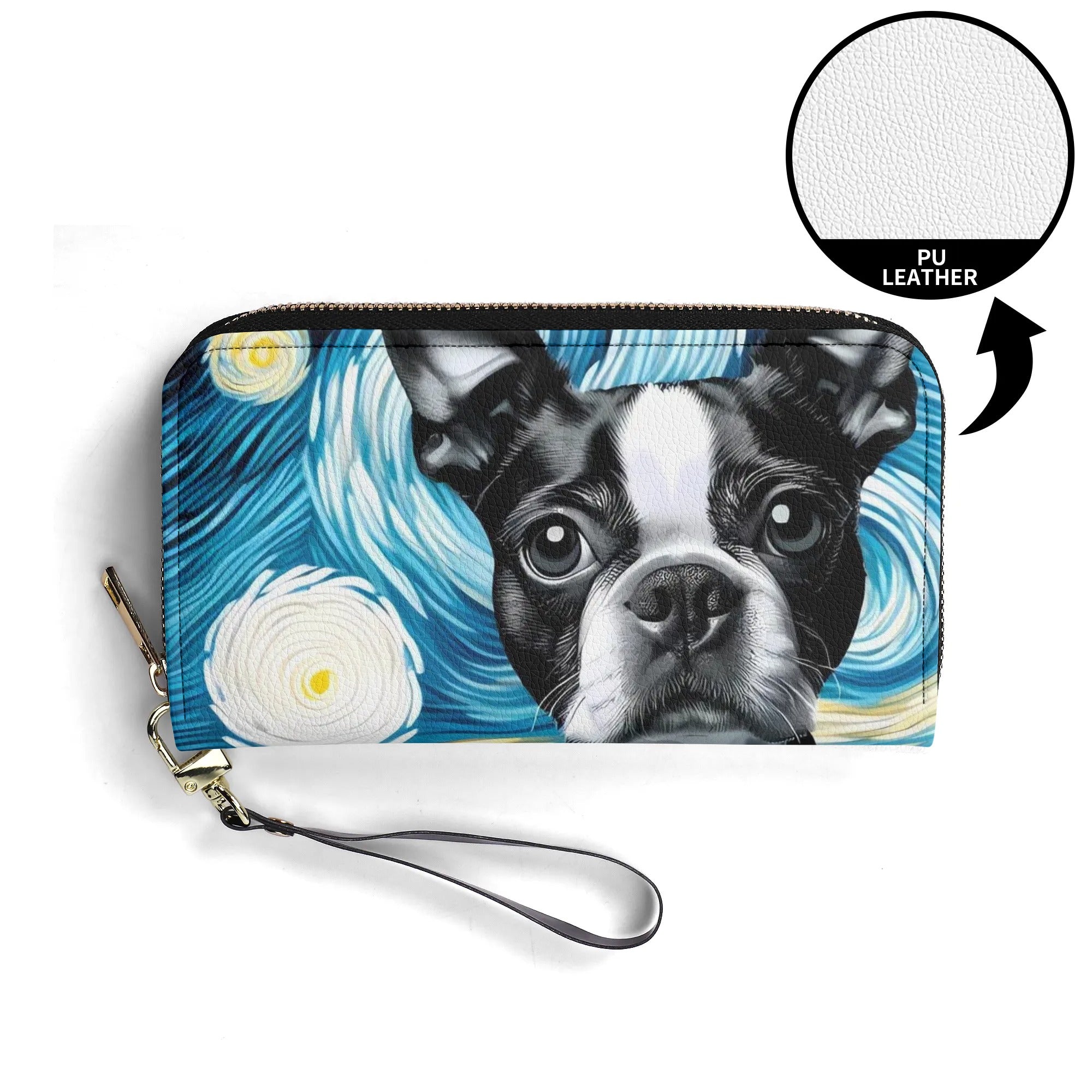 Starry Night Boston Terrier Dog PU Leather Wallet for Women