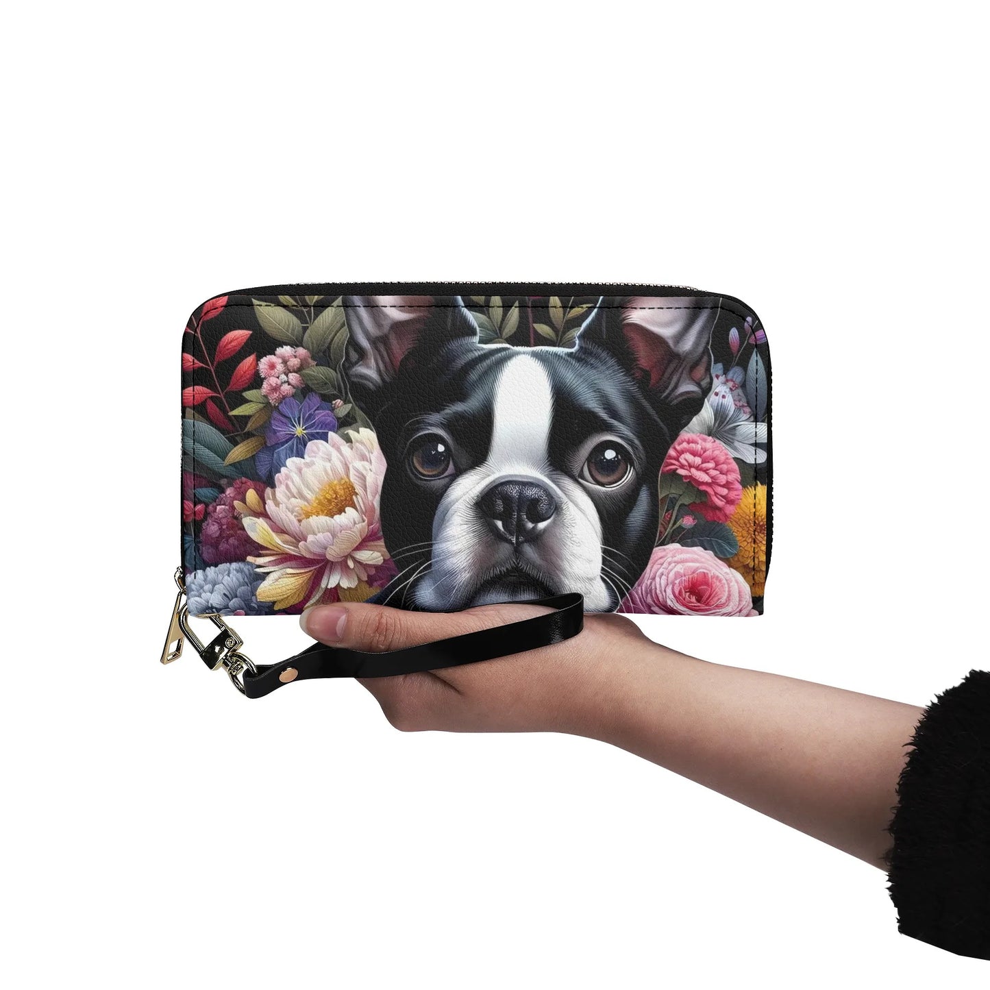 Floral Boston Terrier Dog PU Leather Wallet for Women