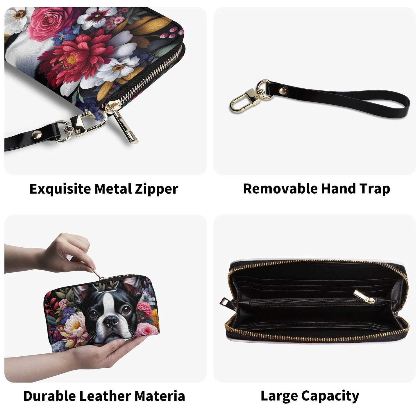 Floral Boston Terrier Dog PU Leather Wallet for Women