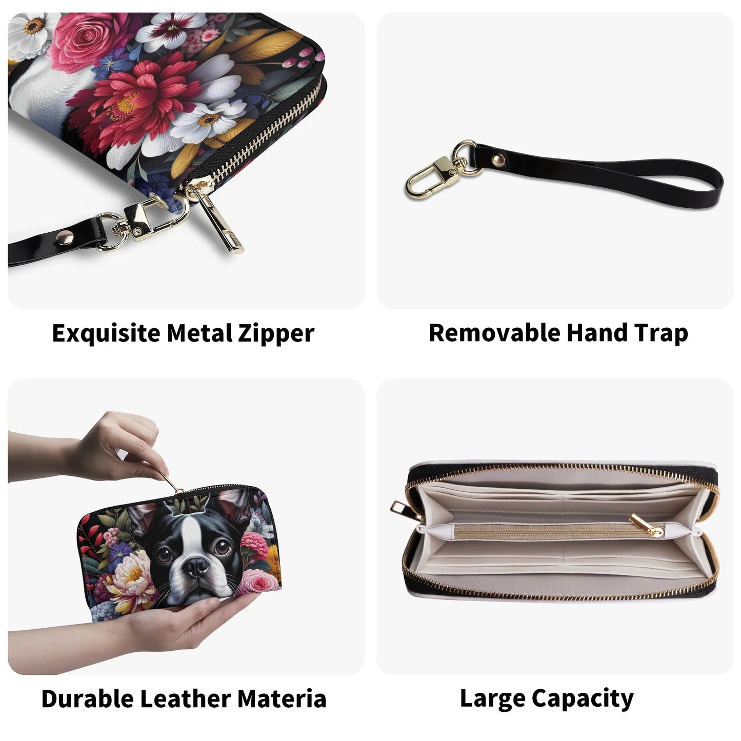 Floral Boston Terrier Dog PU Leather Wallet for Women