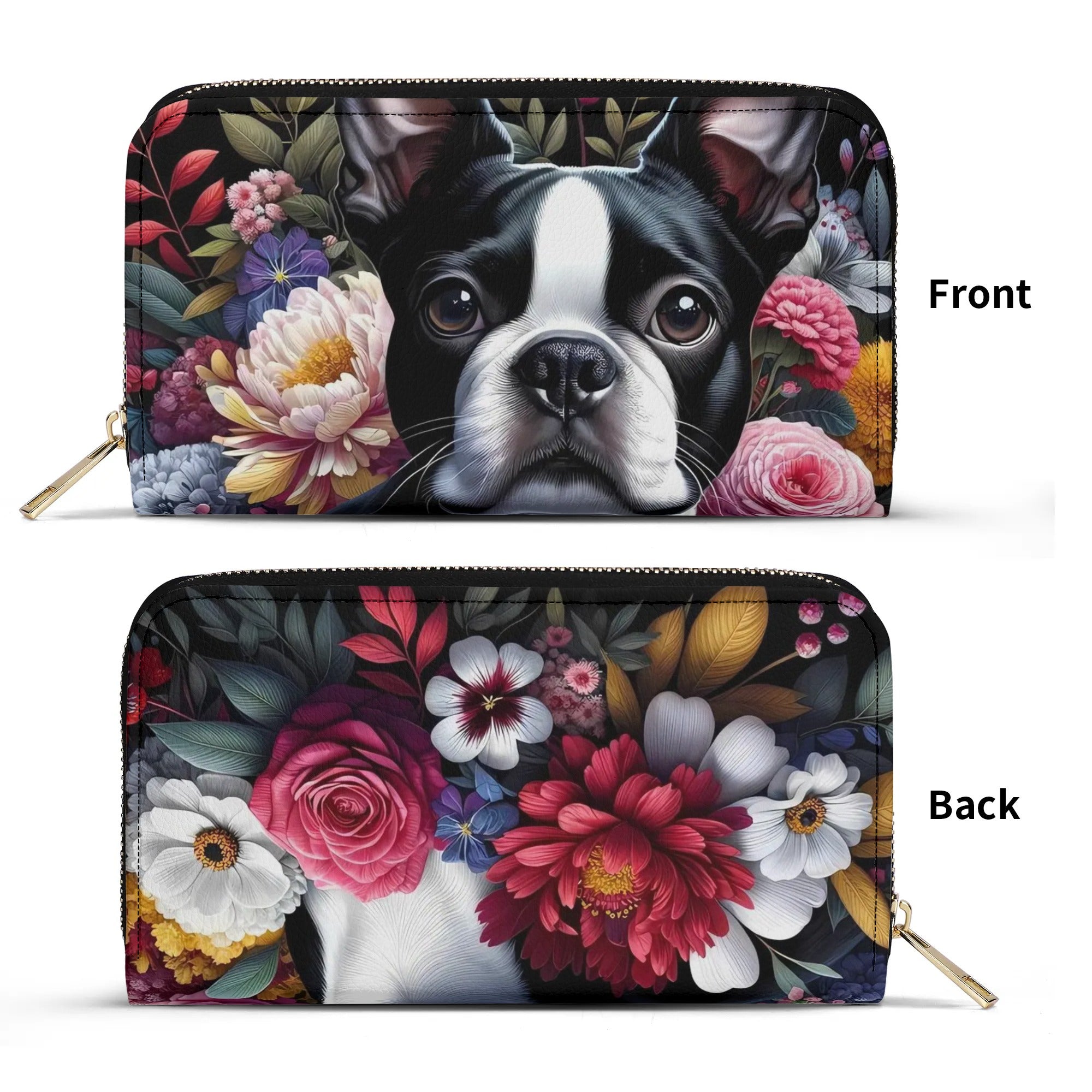 Floral Boston Terrier Dog PU Leather Wallet for Women