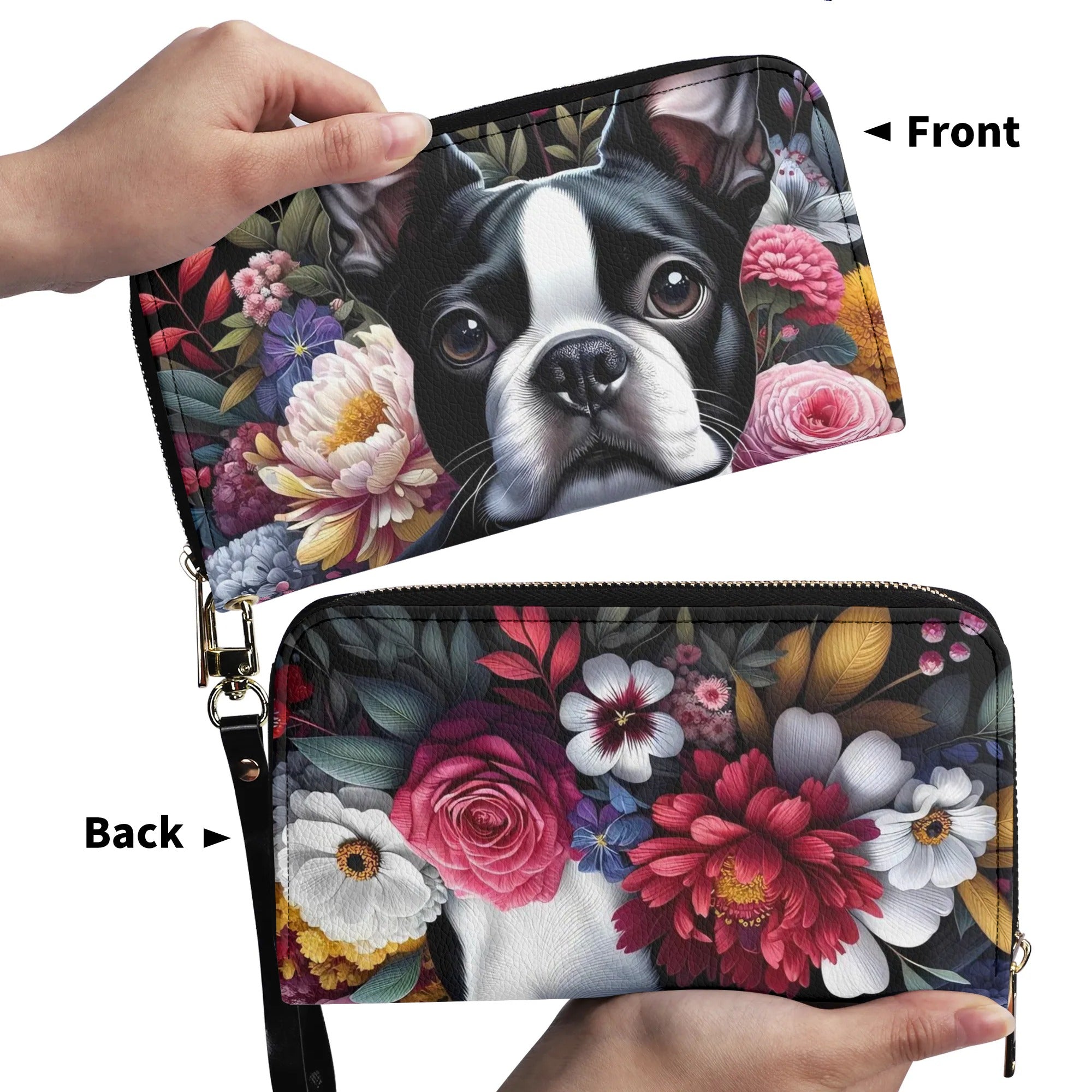 Floral Boston Terrier Dog PU Leather Wallet for Women