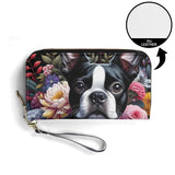 Floral Boston Terrier Dog PU Leather Wallet for Women