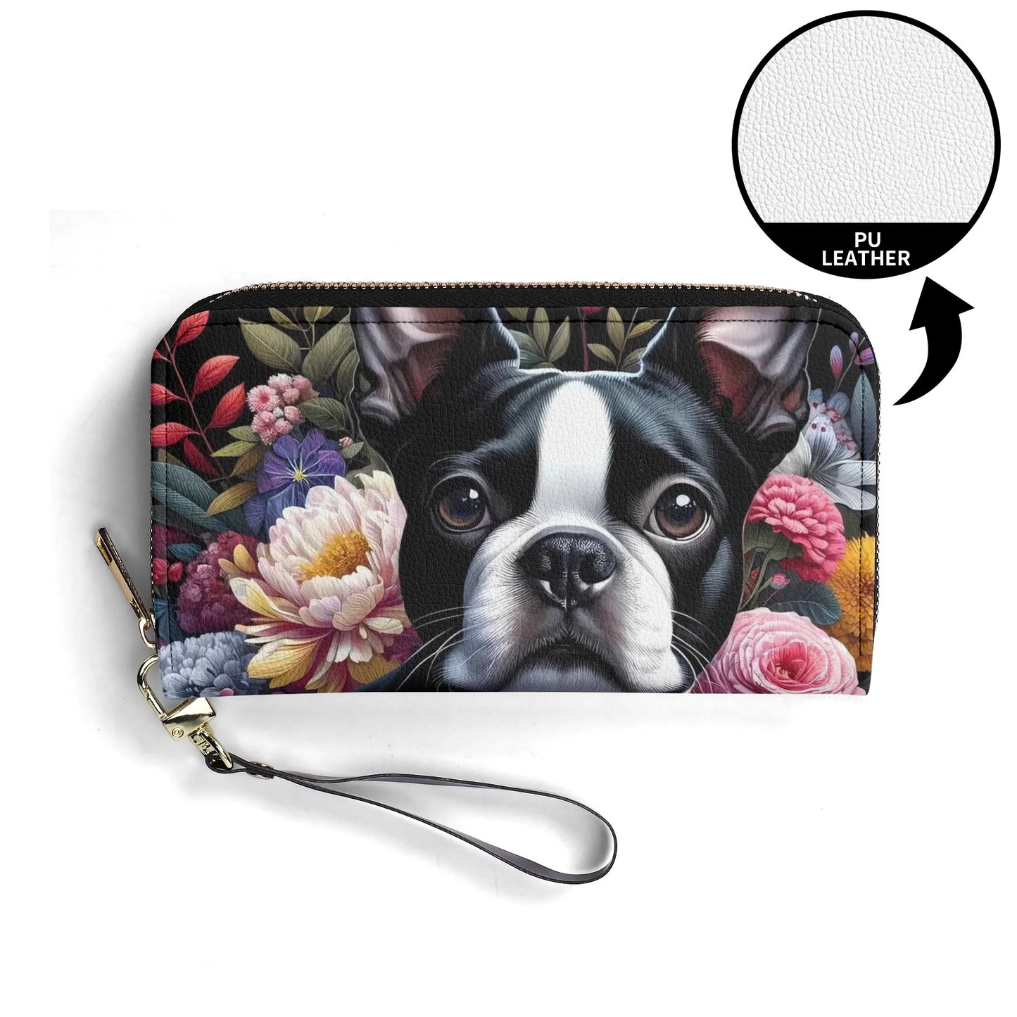 Floral Boston Terrier Dog PU Leather Wallet for Women
