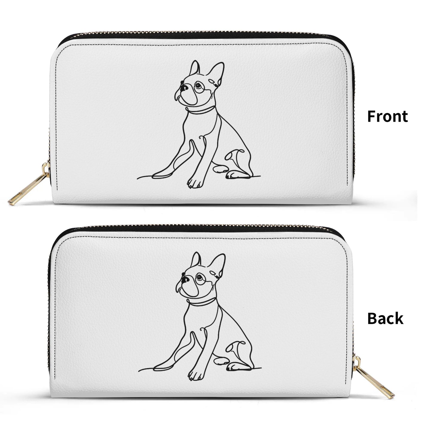 Line Drawn Boston Terrier Dog PU Leather Wallet for Women - White