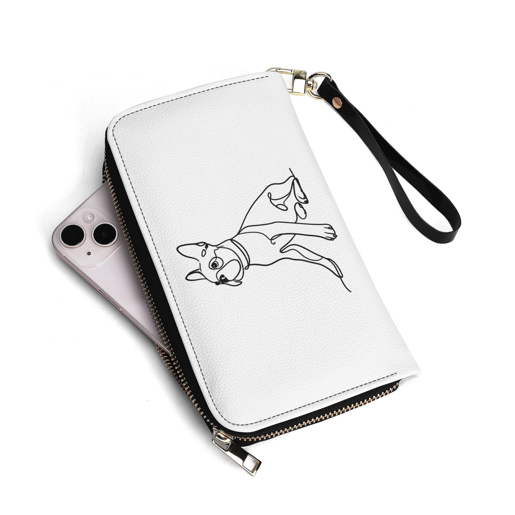 Line Drawn Boston Terrier Dog PU Leather Wallet for Women - White