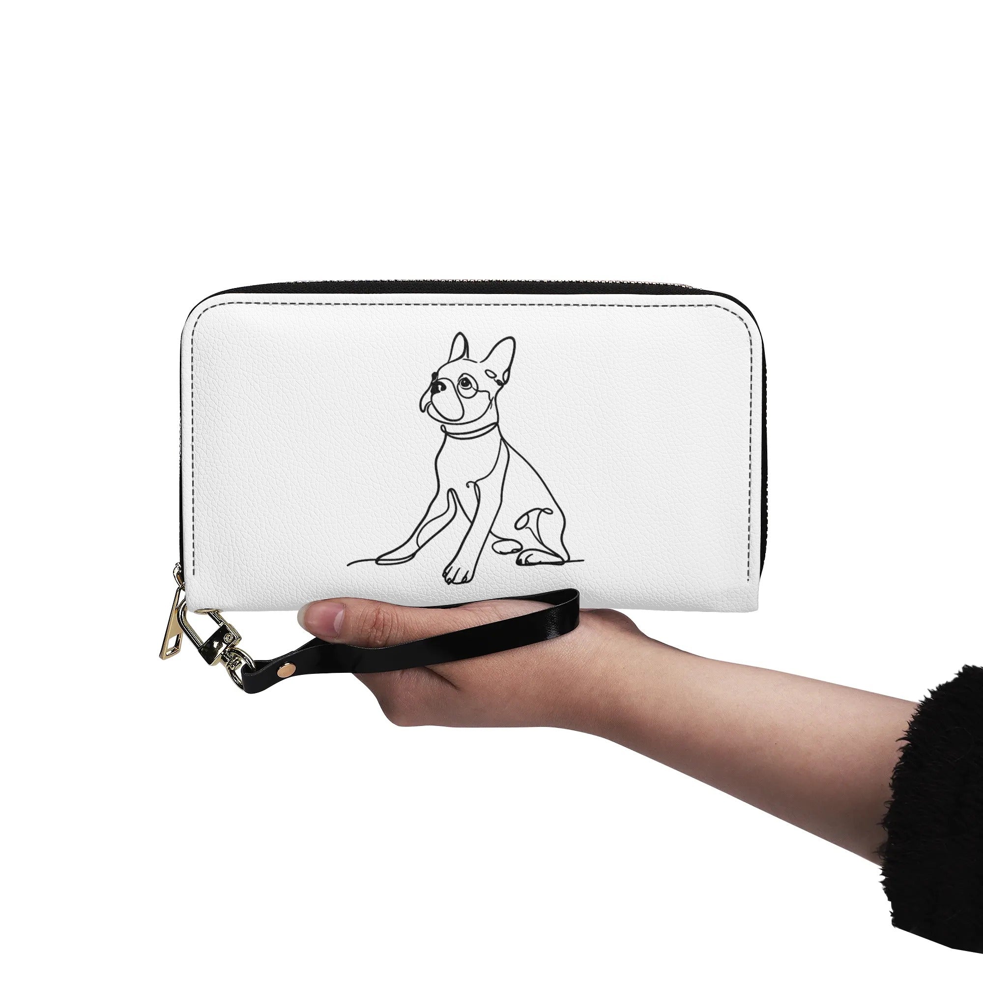 Line Drawn Boston Terrier Dog PU Leather Wallet for Women - White