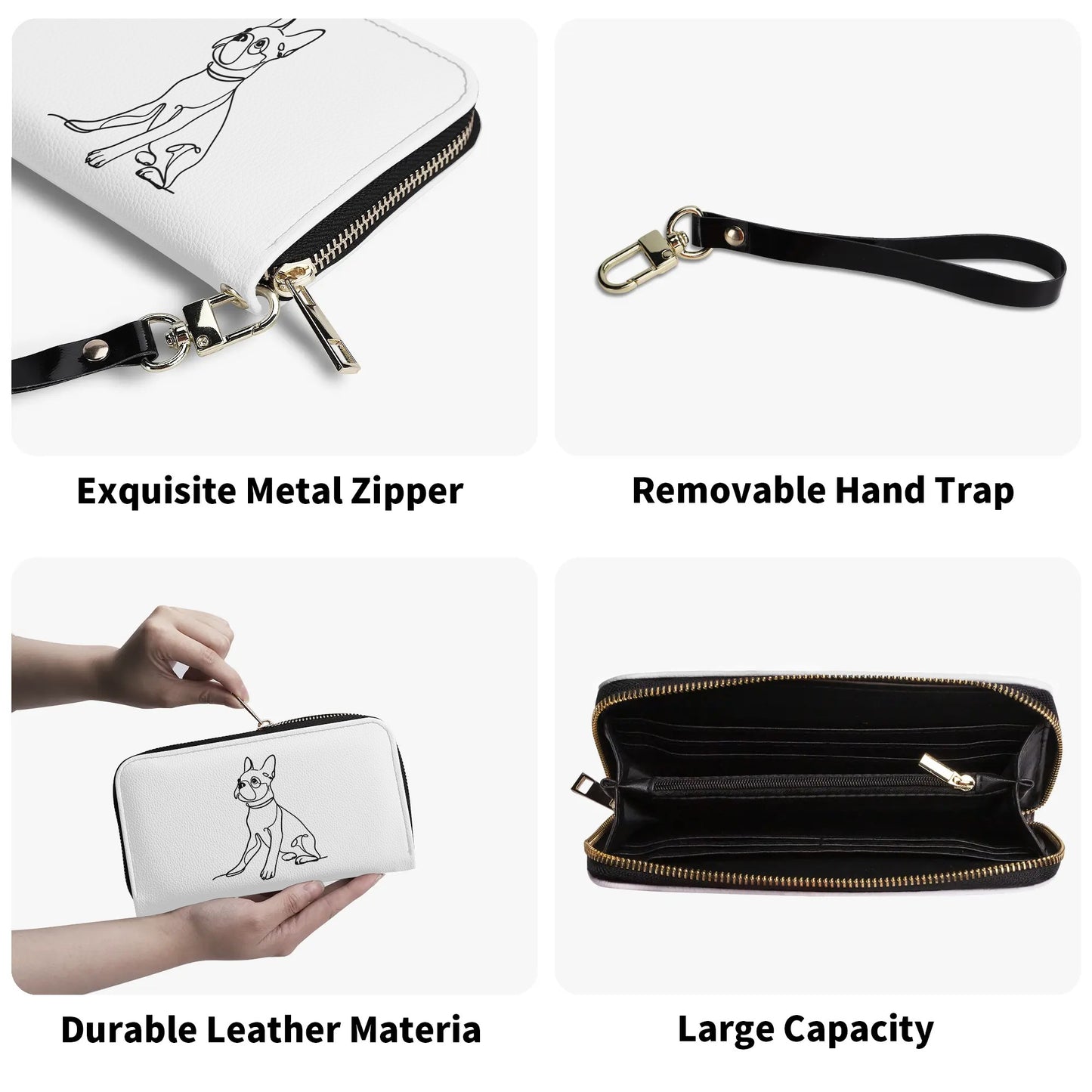 Line Drawn Boston Terrier Dog PU Leather Wallet for Women - White