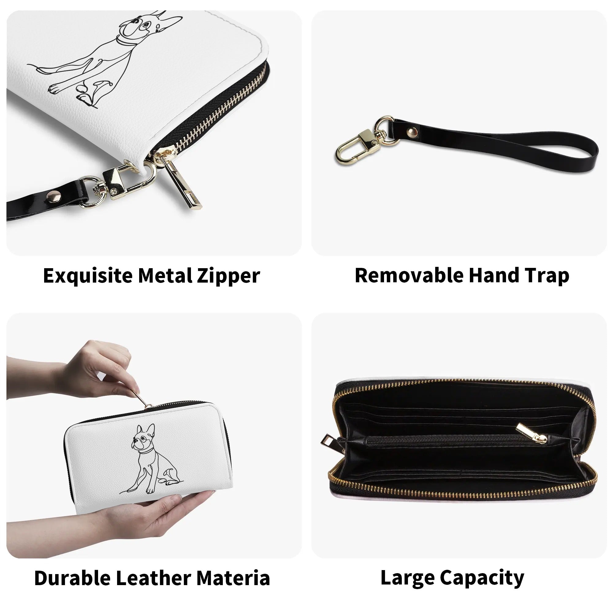 Line Drawn Boston Terrier Dog PU Leather Wallet for Women - White