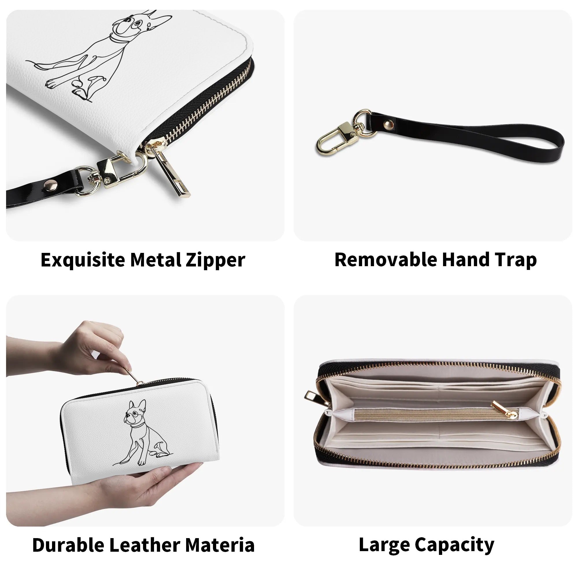 Line Drawn Boston Terrier Dog PU Leather Wallet for Women - White