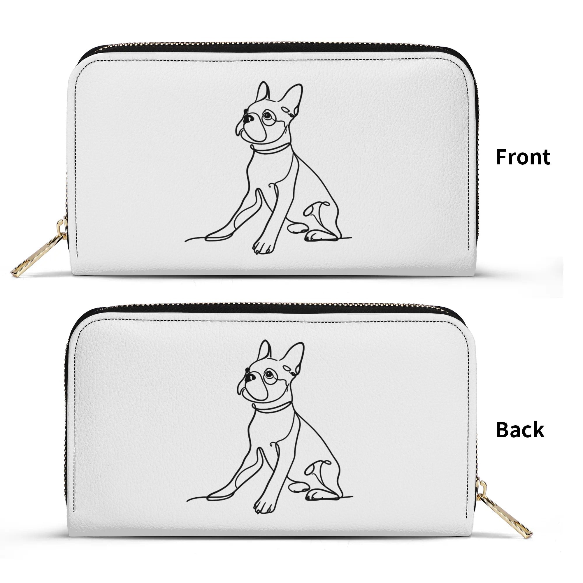 Line Drawn Boston Terrier Dog PU Leather Wallet for Women - White