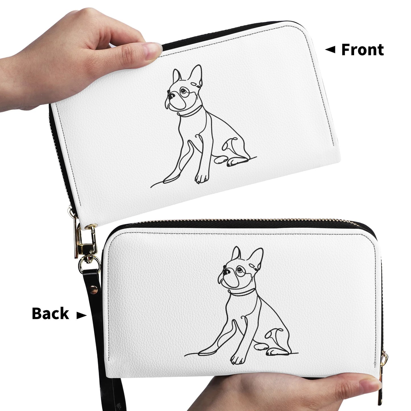Line Drawn Boston Terrier Dog PU Leather Wallet for Women - White
